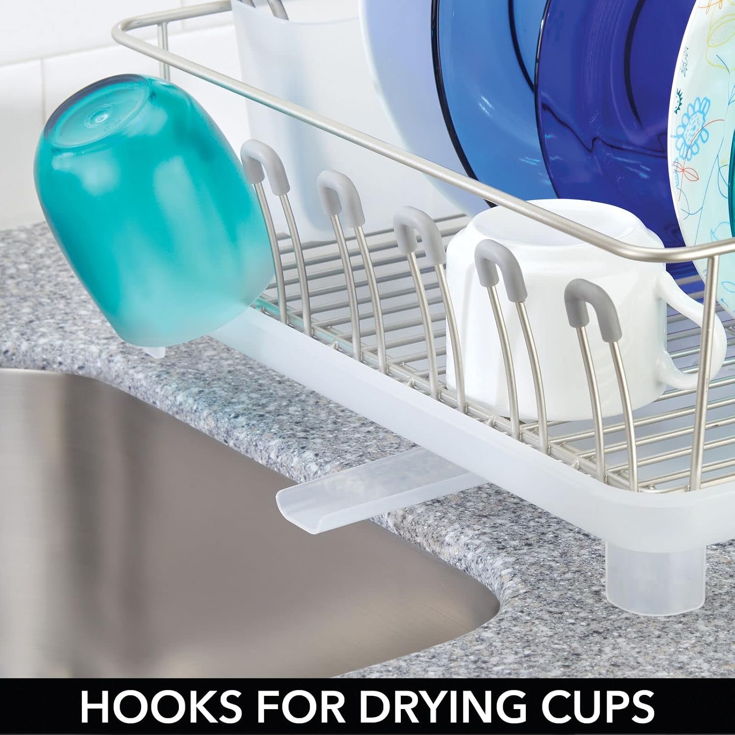 mDesign Alloy Steel Sink Dish Drying Rack Holder with Plastic Swivel Spout Drainboard Tray - Dish Rack/Dish Drainer Storage Organizer for Kitchen Counter - Concerto Collection, Satin/Frost