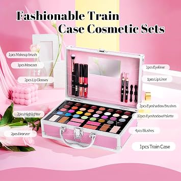 YBUETE Beginner Makeup Kit for Teens Girls Makeup Set Beginner Makeup Kit with Cosmetic Train Case 32 Colors Eyeshadow Blush Contour Lip Gloss Slipliner Mascara Eyeliner Mirror