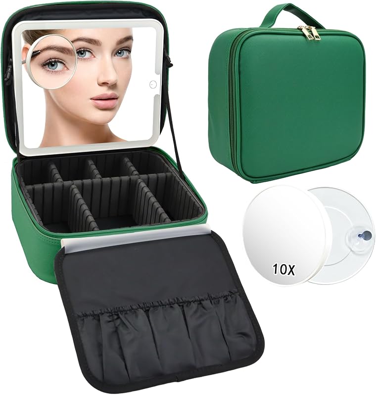 Maleta de maquiagem SLUMAZI com espelho LED removível, lente de aumento 10x, 3 modos de luz, divisórias ajustáveis e bolsa para pincéis, Verde-escuro