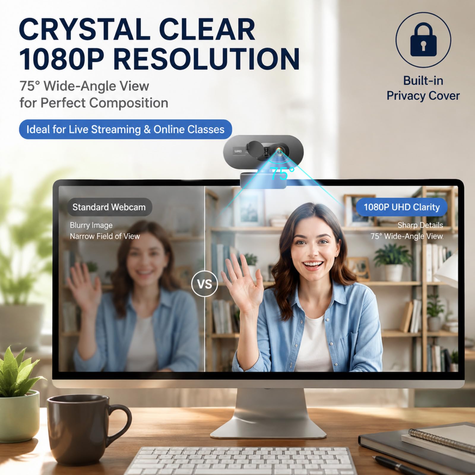 Webcam 1080P Full HD con Microfono, Auto Focus e Copertura Privacy, Fotocamera PC USB Plug & Play, Angolo di visualizzazione 75°, per Linux, Win10/8/7, Mac, Streaming