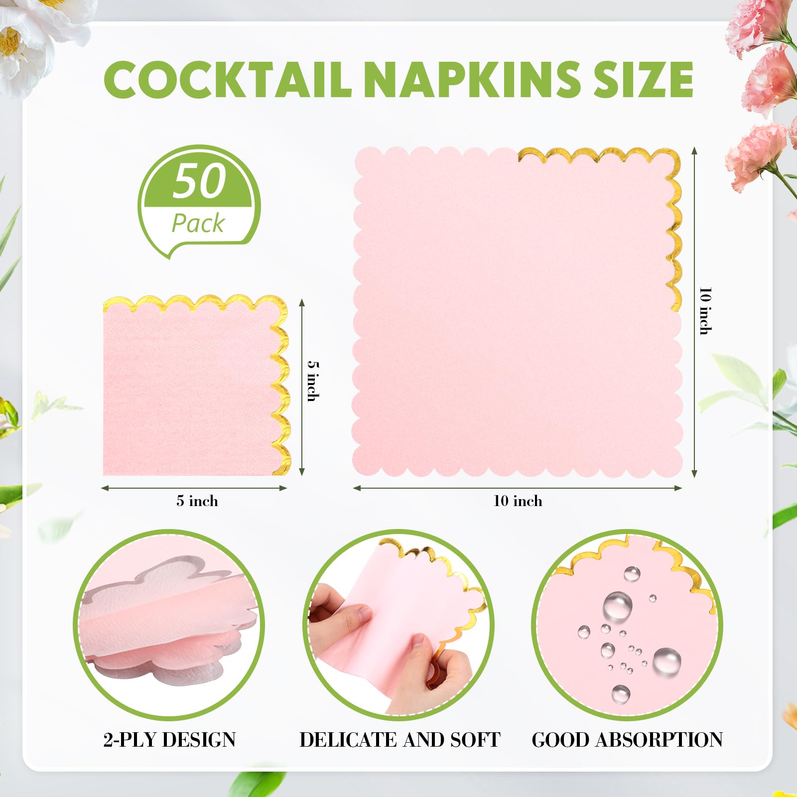 50 servilletas de cóctel festoneadas con borde de lámina dorada, servilletas desechables gruesas, servilletas de papel pastel, servilletas de fiesta, servilletas de bebidas para boda, cena,