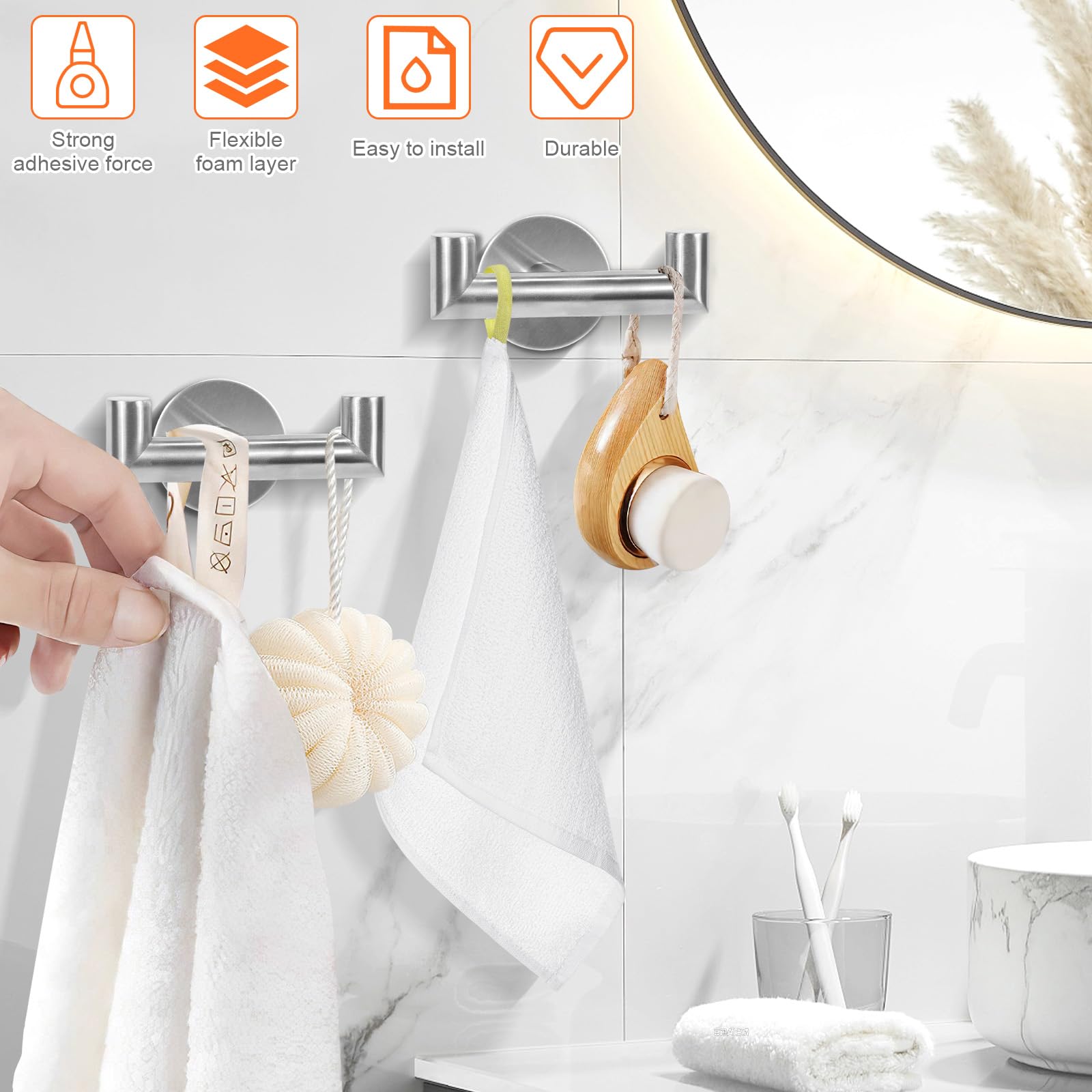 Ganci Adesivi Per Asciugamani Ulisem, Confezione Da 4 Ganci Adesivi Rotondi Per Bagno E Cucina Acciaio Inossidabile E Bambu Antiruggine Naturali 89020236
