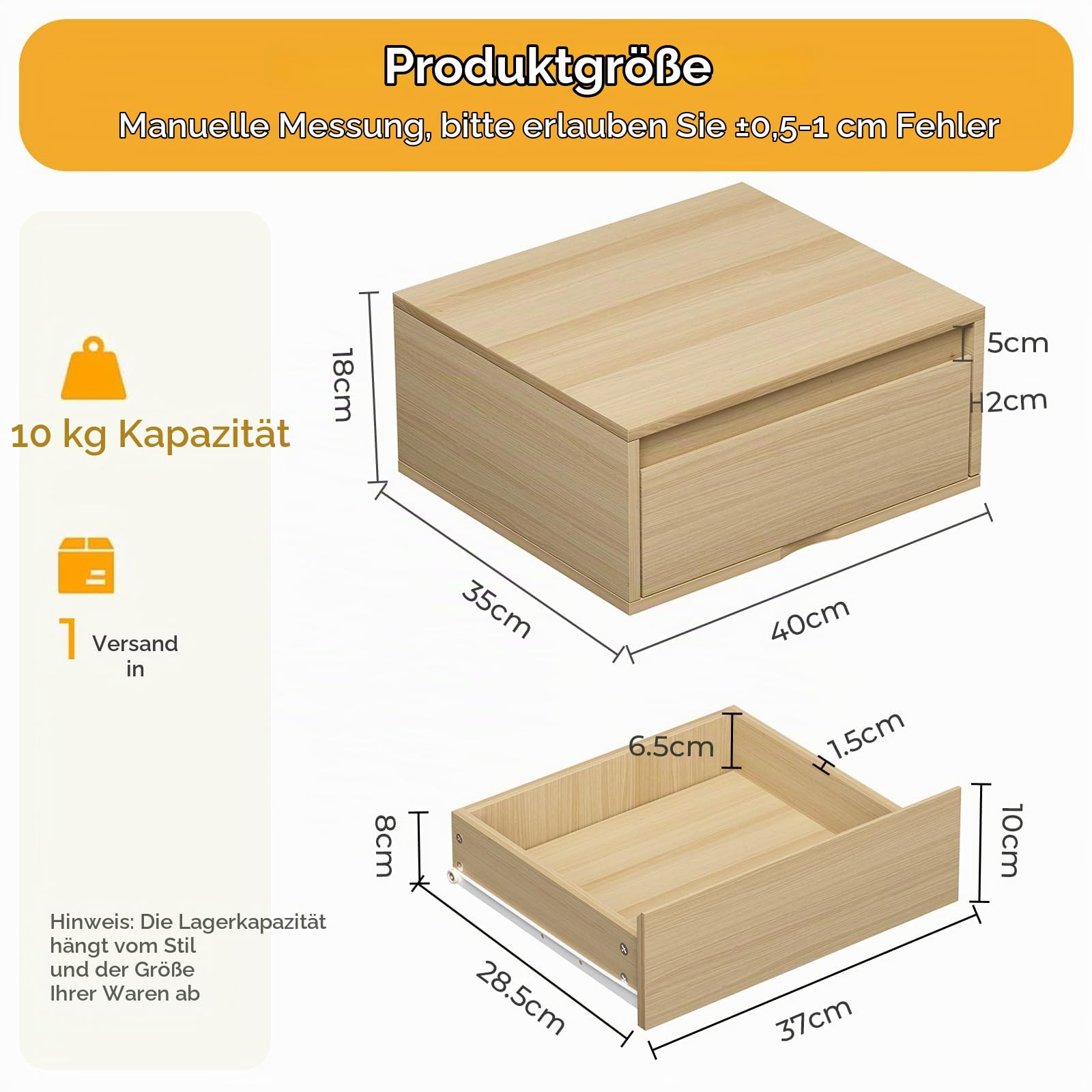 Clevich Nachttisch Hängend 2er Set, Hängender Nachtschrank mit Schublade