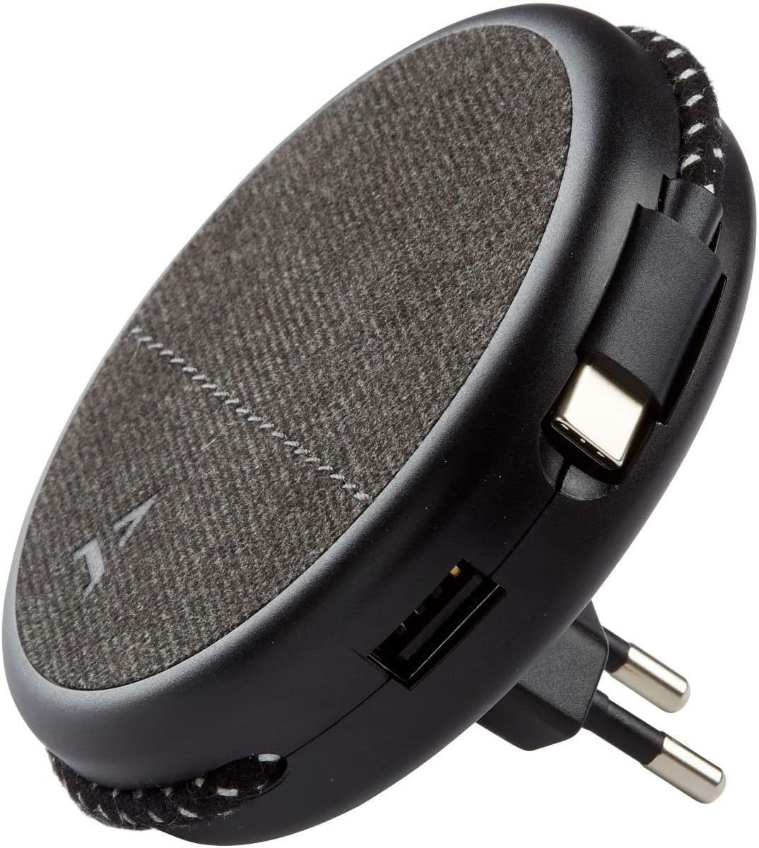 Close-up of the ADEQWAT Magnetic Wall Charger showing the integrated USB-C cable and an additional USB-A port.