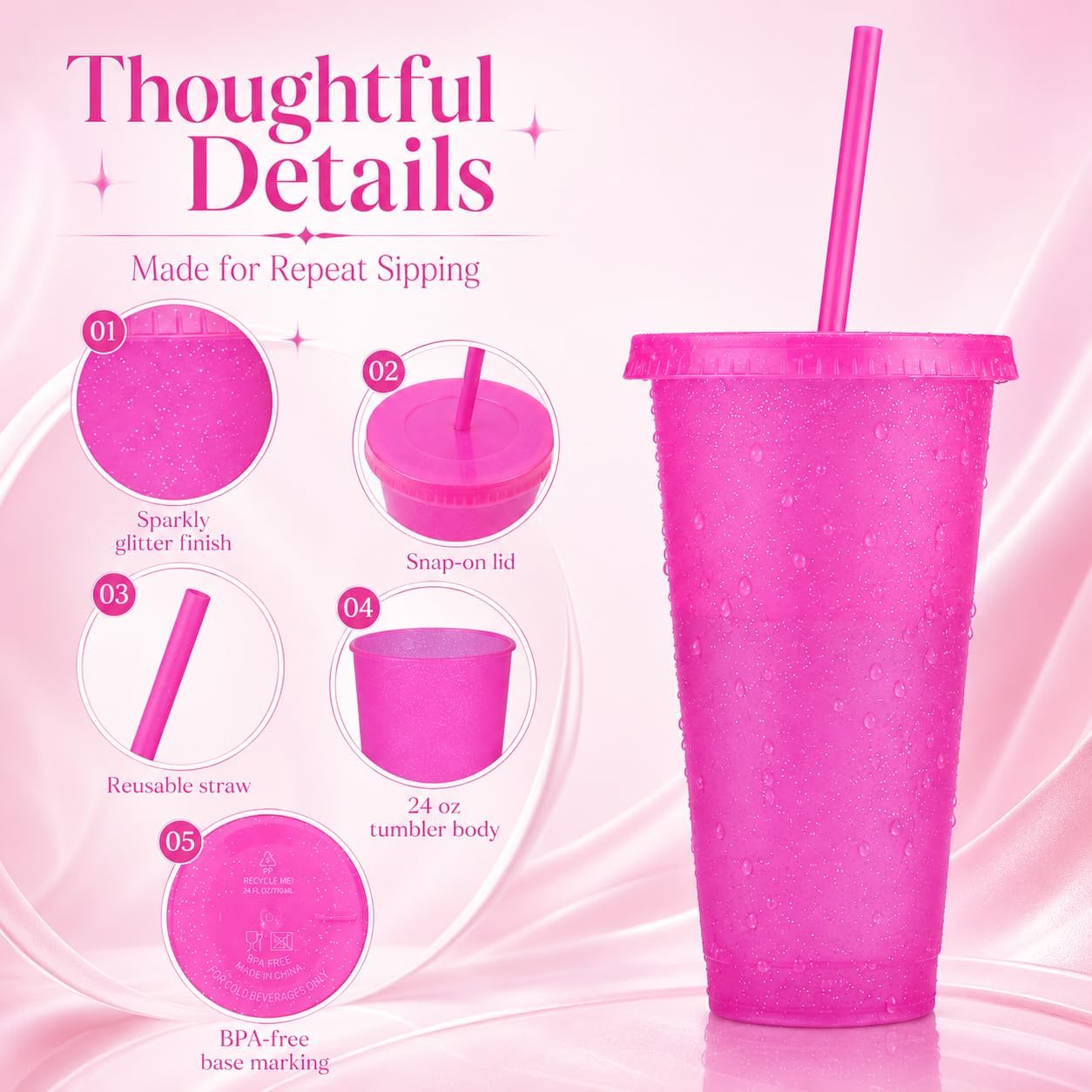 Haundry 12 Pieces Reusable Cups with Lids and Straws, 24 oz Glitter Plastic Tumbler Iced Coffee Cups Travel Mug Cup for Birthday Party, Smoothie Juices Beach Party, Bachelor Party (HOT PINK)