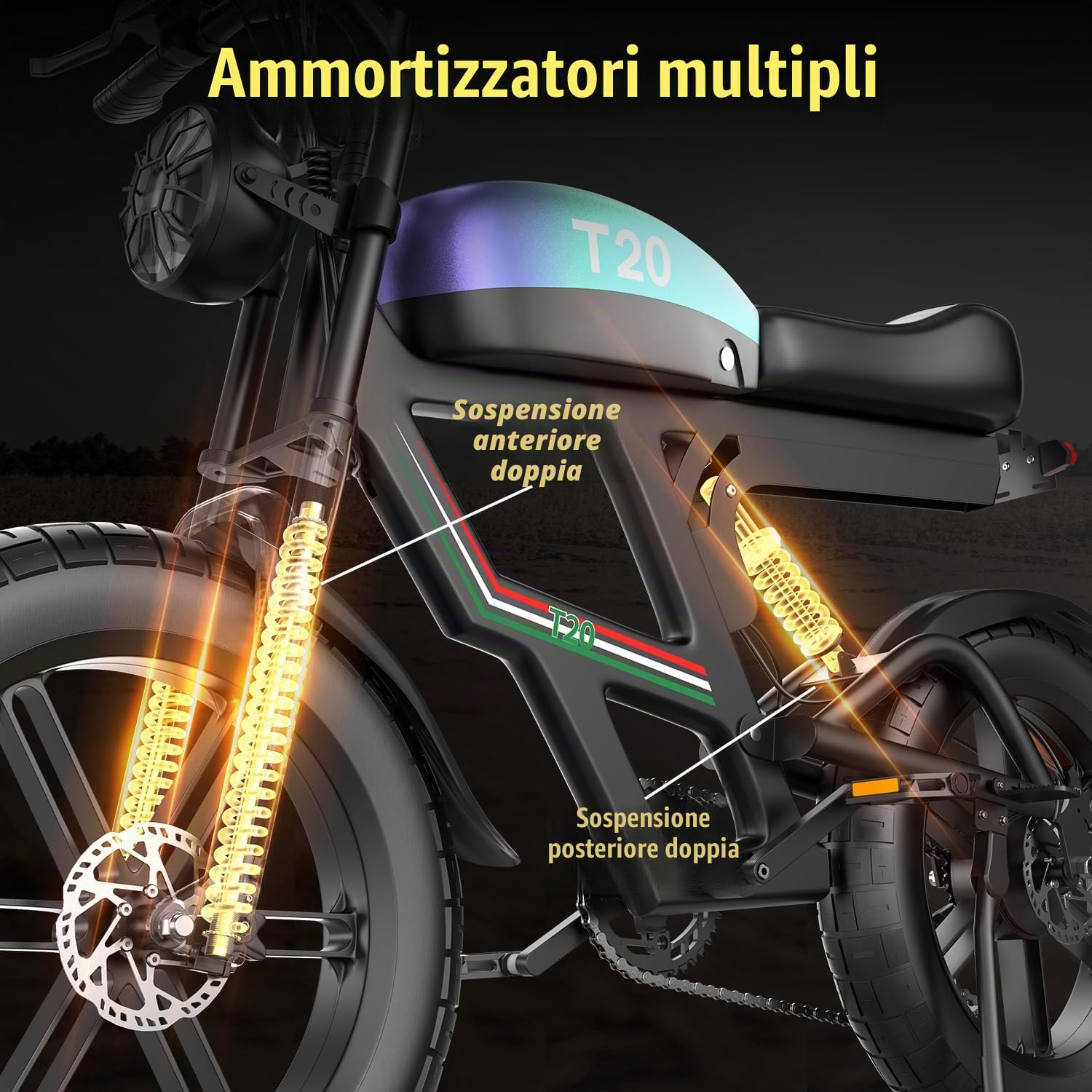 T20 Bici Elettrica per Adulti, 48V 20AH Batteria Rimovibile, Bicicletta Elettrica Fuoristrada, Pneumatici Larghi Da 20" * 4.0", Fino a 120KM Doppia Sospensione