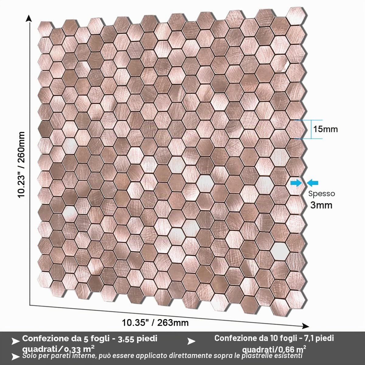 BeNice Piastrelle Esagonali Adesive Mosaico Metalliche Rosa 10pezzi