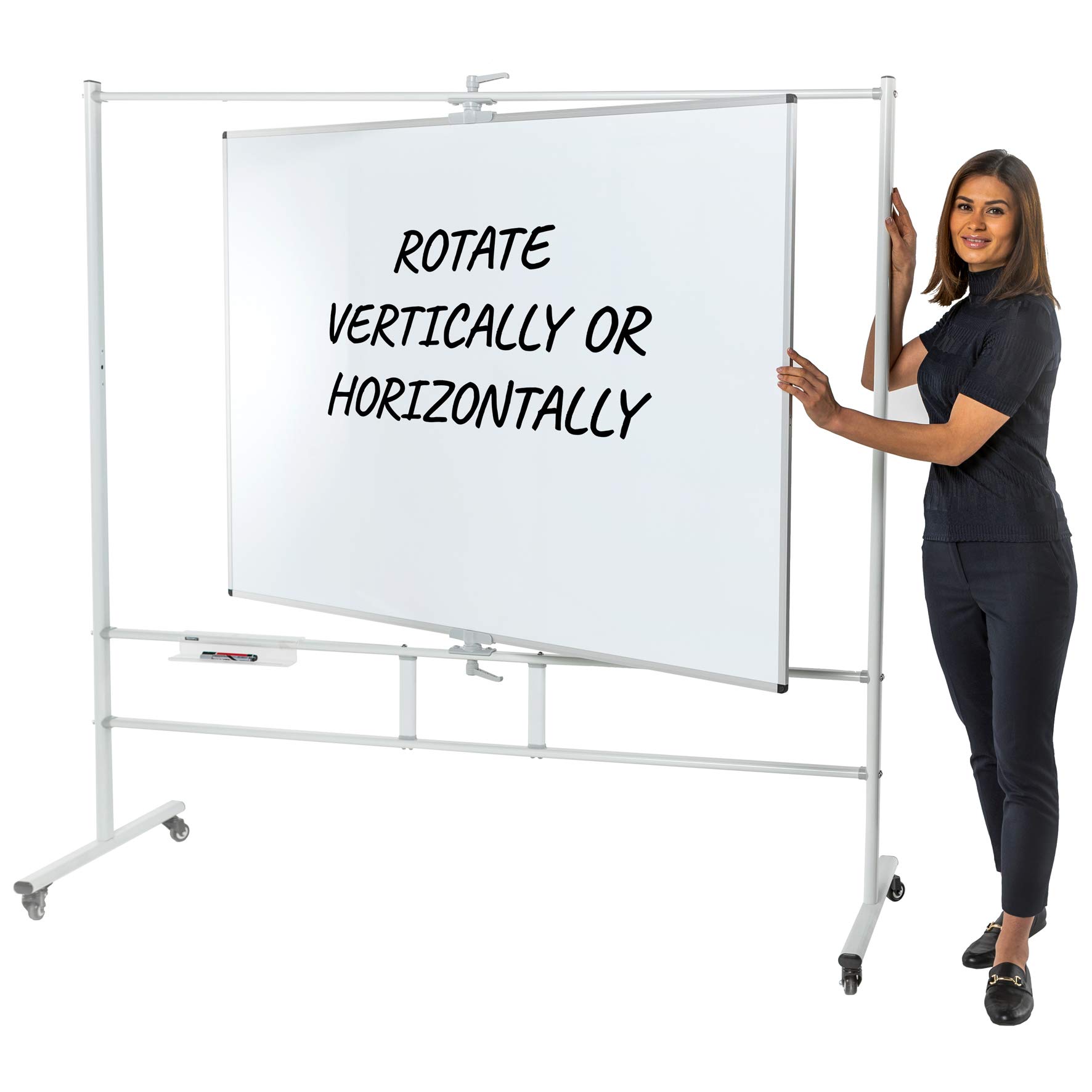 Wonderwall Double-Sided Magnetic Tilt & Swing Revolving Mobile Whiteboard with Pen Tray (H) 120 x (W) 90cm