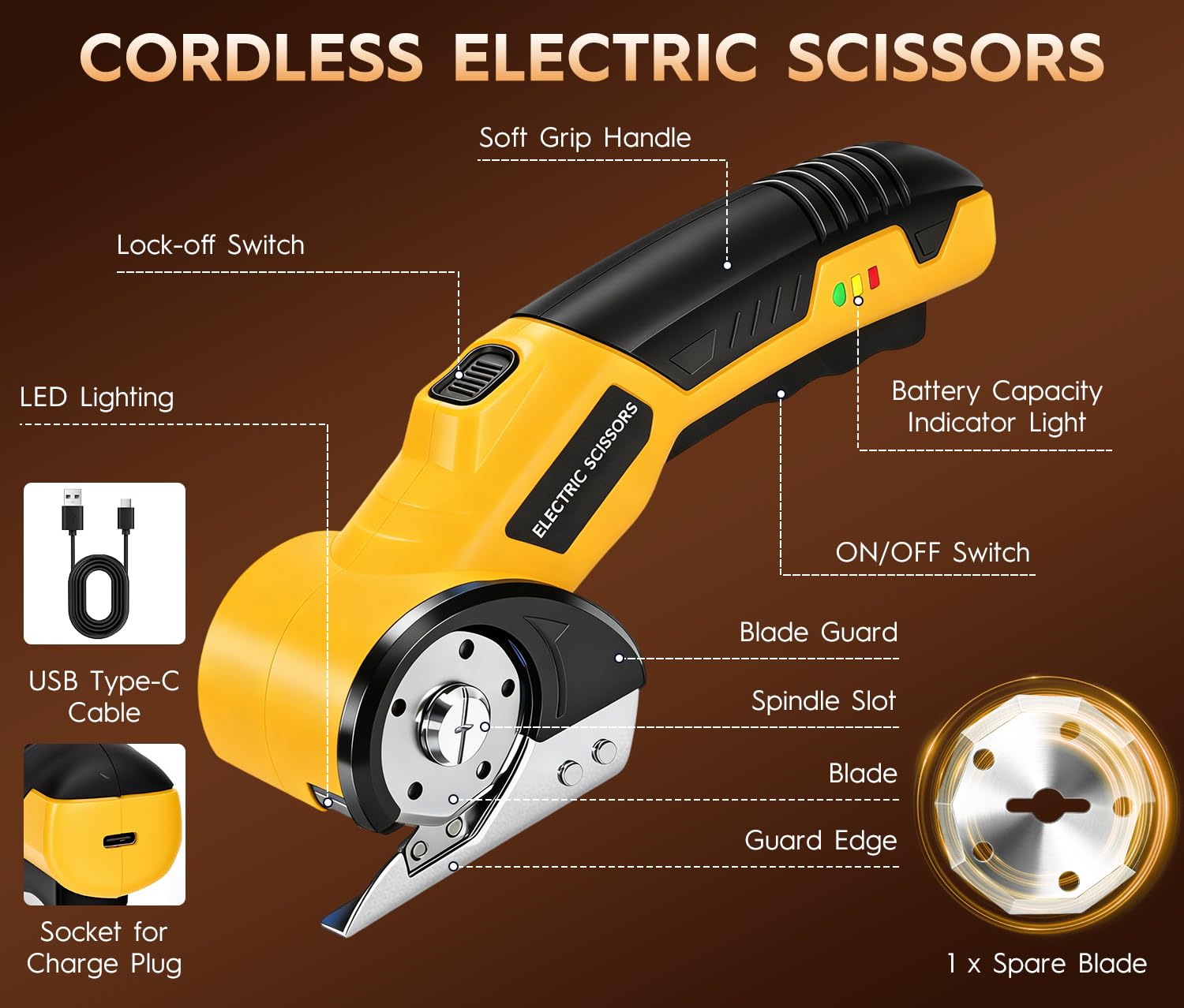 Taglierina Elettrica Forbici Elettriche Senza Fili con LED, 3.6V Taglio Rotante Cartone Cutter con 2 Testina, Taglierino Elettrico per Tessuti, Cartone, Tessuti, Pelle, Tappeti e Plastica(Giallo)