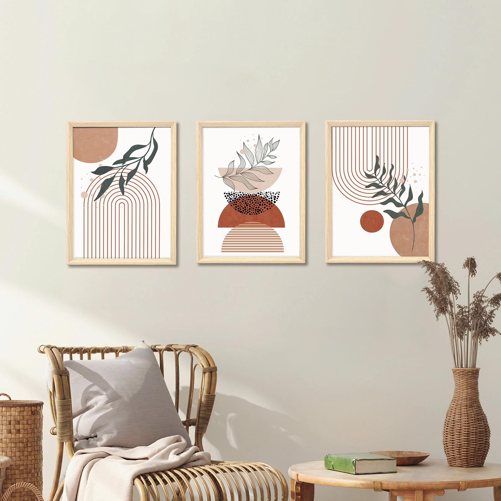 3 Pcs Wooden Framed Canvas Wall Art Set Bohemian Sage Green Canvas Prints Poster Geometric Line Beige Green Pictures for Living Room Bedroom Dinning Room Hallway Stairs Wall Decor 30x40cm x3pcs — view 358