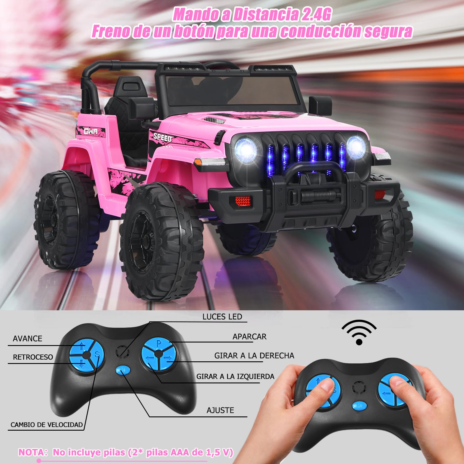 GOPLUS Coche Eléctrico 12V para Niño de 3+ Años, Buggy Todoterreno Infantil con Mando a Distancia, Luz Música Bocina, 3-8 km/h, Carga Máx 35KG, ‎Velocidad Ajustable 2.6-6 km/h (Rosa)