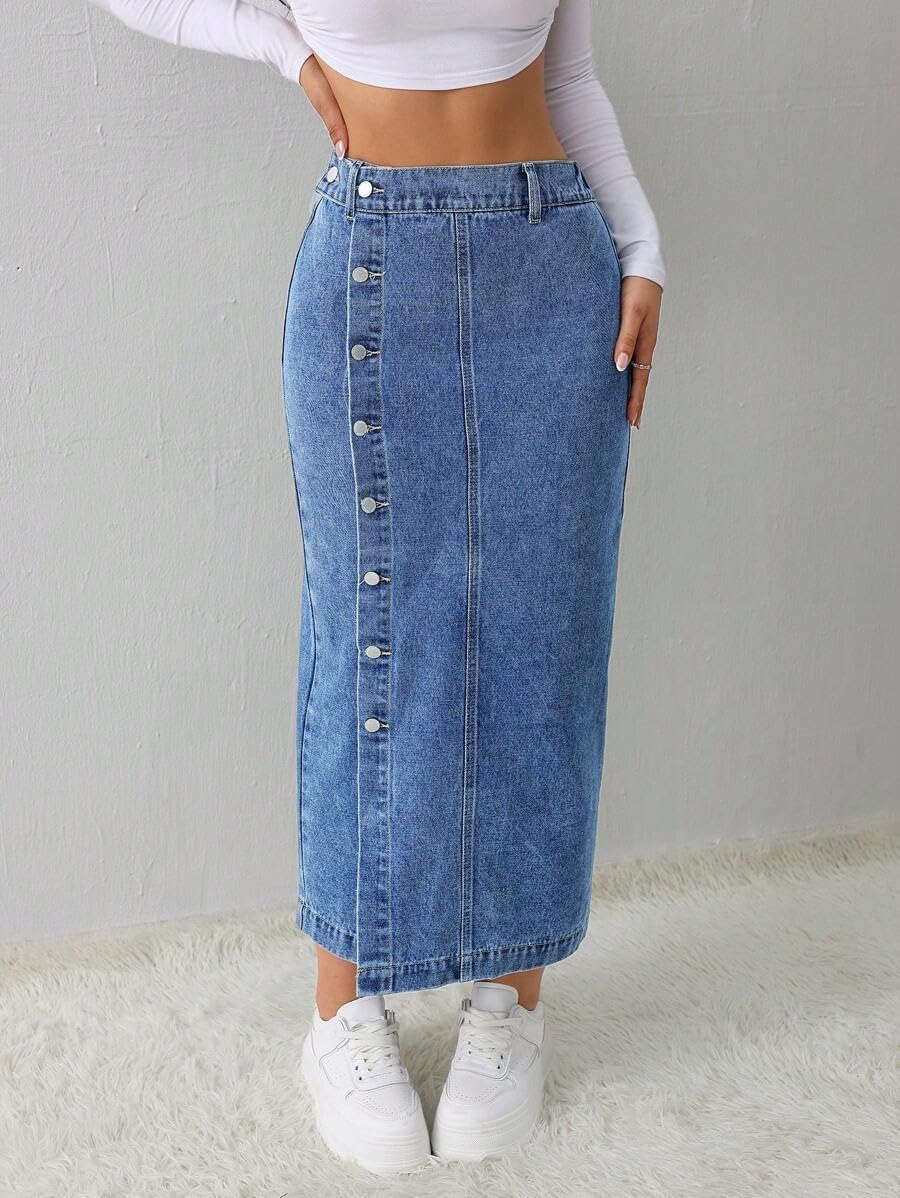Women's Casual Slit Denim Midi Jean Skirt Stretch High Waisted Button Up Frayed with Pockets - Image 4