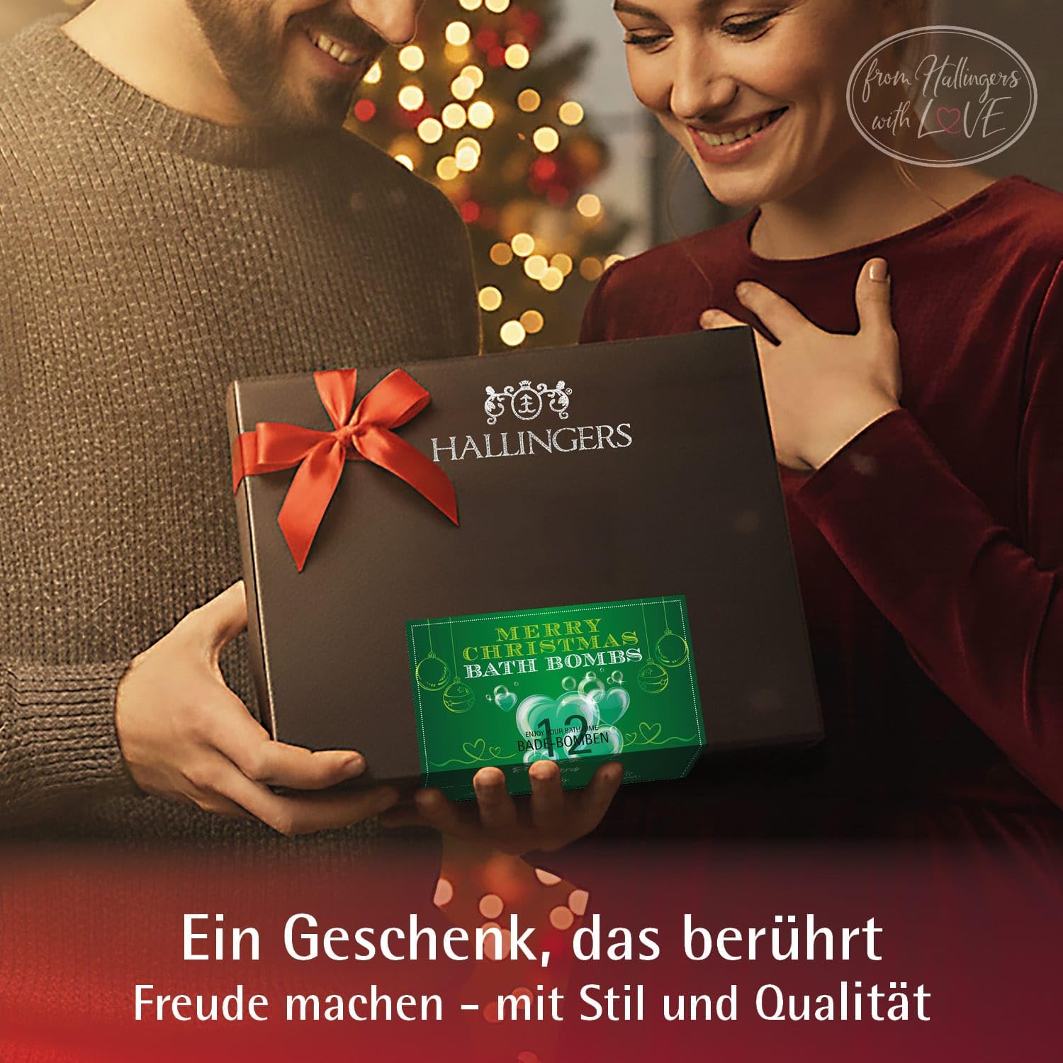Hallingers Genuss Manufaktur Badebomben Weihnachts-Geschenk-Set - 12x Badekugeln Bath Bombs in edler Geschenkbox, Frauen Badeperlen-Wellness & Spa ""Merry Christmas..."", Weihnachten für Frauen Männer