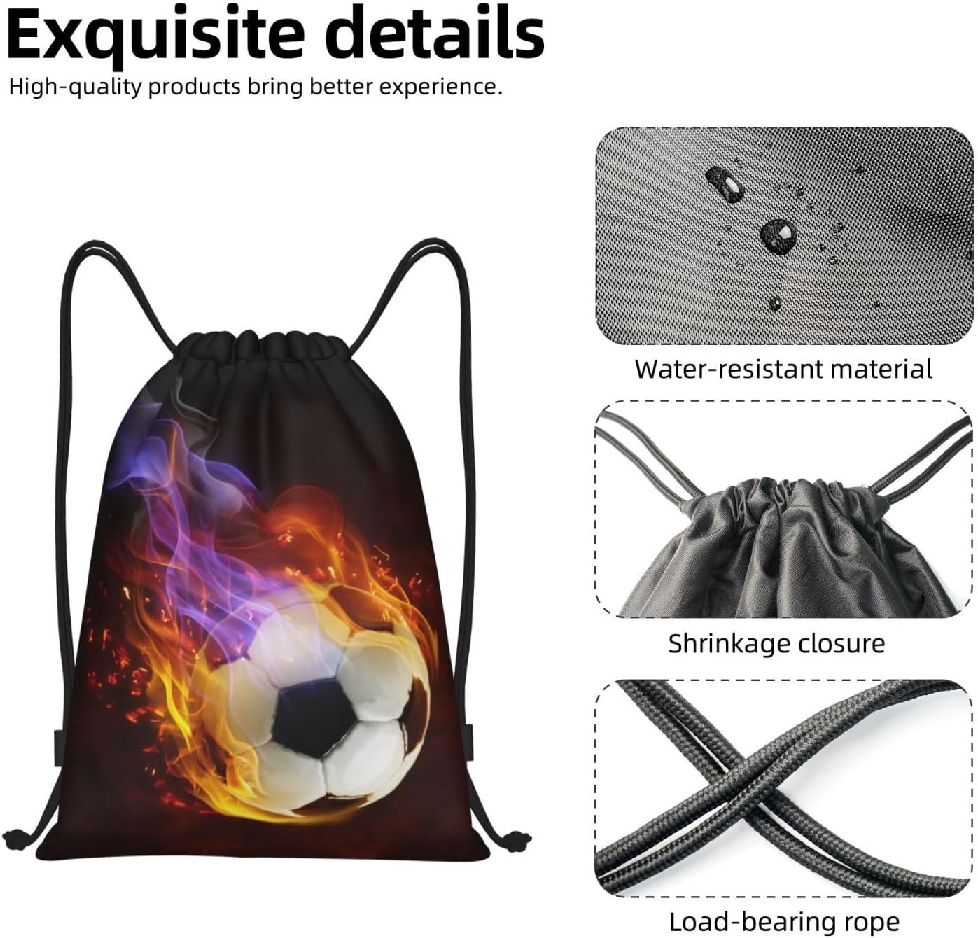 Boys Drawstring Bags with Fire Soccer Ball, Cool Sports Drawstring Backpack for Teens Boys Girls Adults Women Men, Black Daypack Bag for Work Gym Swim Travel Hiking School, Small image 4