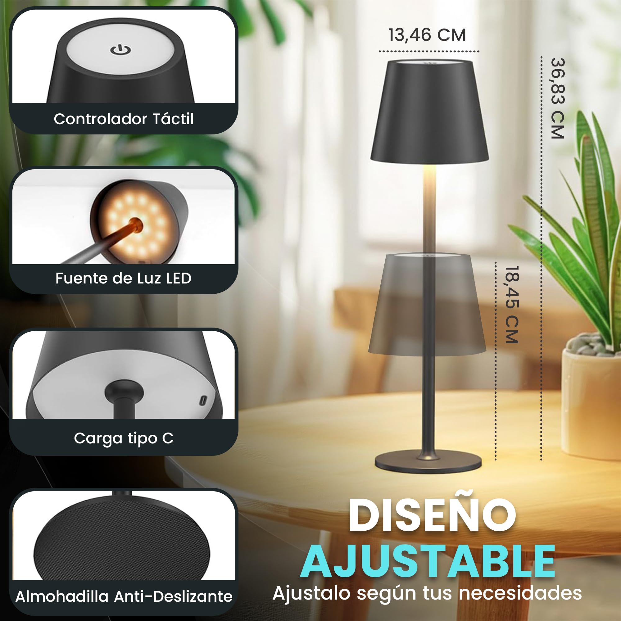 PACK AHORRO 2 Lámparas LED de Mesita de Noche Color Negro para Dormitorio sin Cables I Lámpara Táctil de Mesa de Lectura Recargable I 3 Modos de Luz con Brillo y Altura Ajustable.