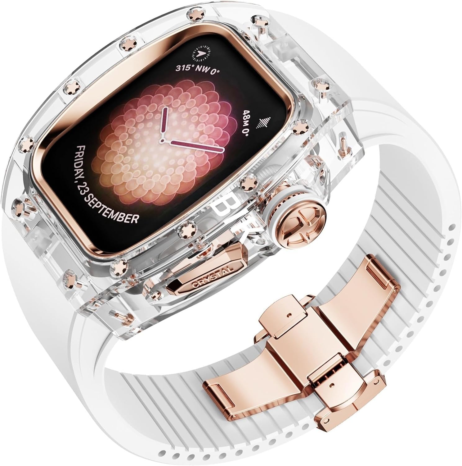 GHFHSGClear Transparent Watch Case Metal Crown Rubber Band，For Apple Watch Series 45mm 44mm，Crystals Watch Case Strap Mod Kit，For Iwatch 8/7/6/5/4/SE Replacement Parts