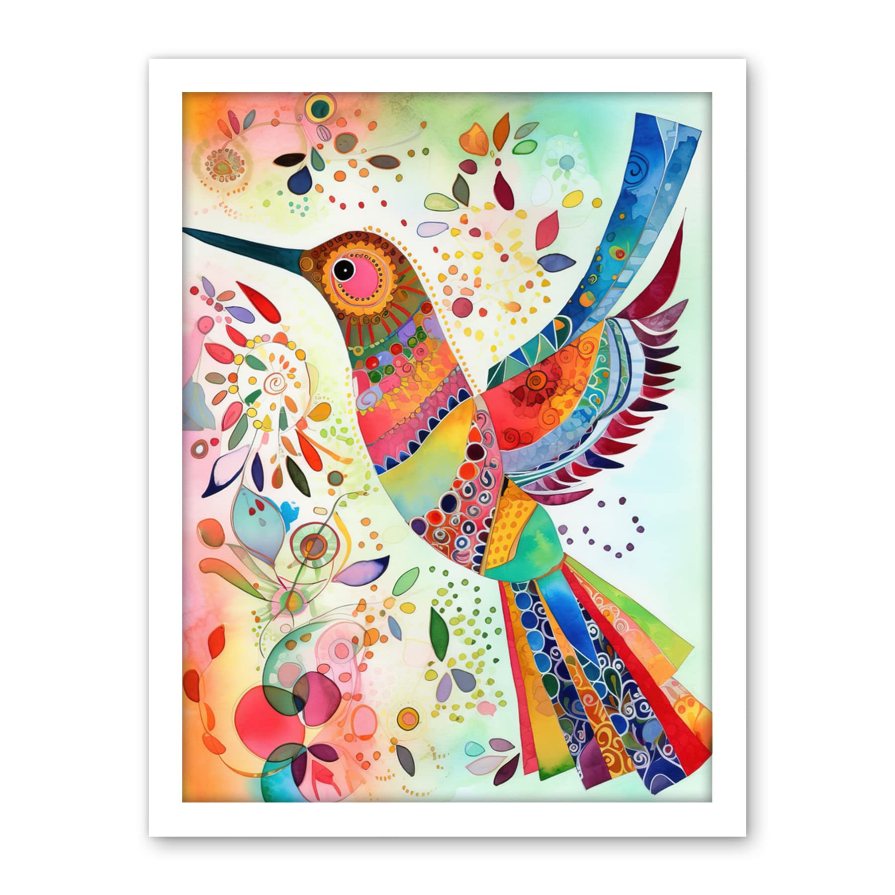 Artery8 Hummingbird With Multicolour Pattern Feathers Folk Art Watercolour Painting Artwork Framed Wall Art Print 18X24 Inch