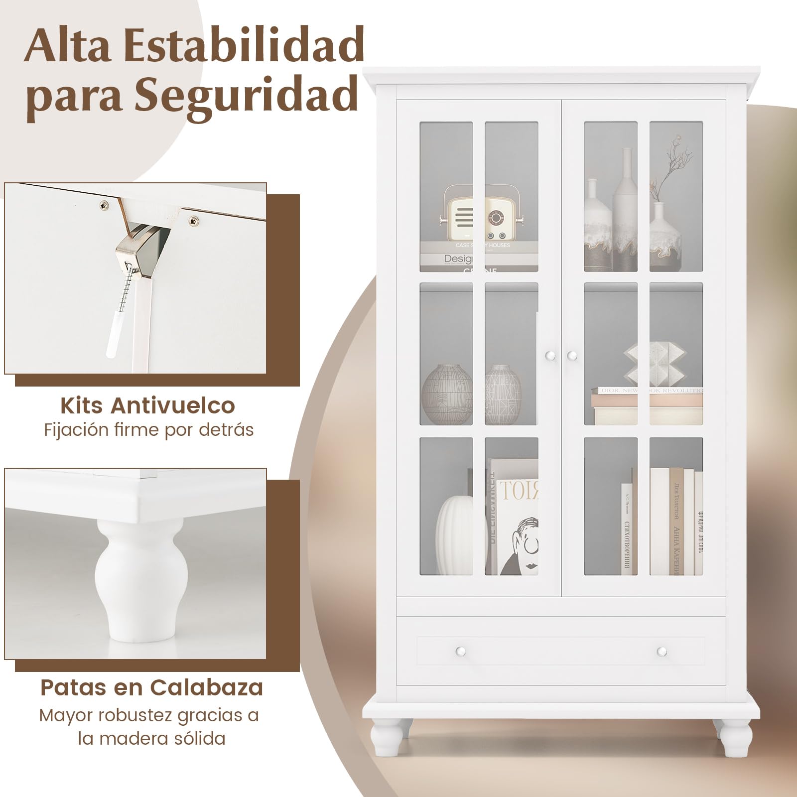 COSTWAY Vitrinas para Salon, Libreria con Puertas de Vidrio Templado, 3 Estantes Ajustables, 1 Cajón, Aparador Salon Cocina Oficina, Blanco, 80 x 40 x 139 cm