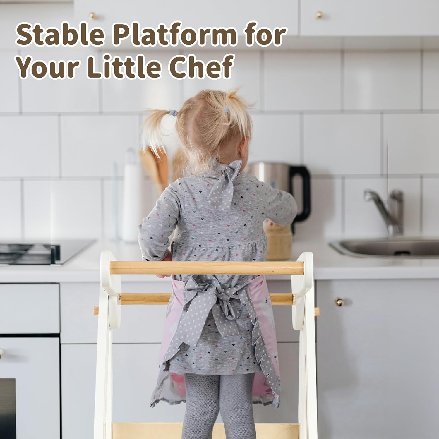 Foldable Toddler Tower Preassembled Kitchen Step Stool, Folding Tower for Learning with 3 Adjustable Heights, Montessori Toddler Standing Tower Collapsible Step Stool for Kids 1.5-6y Natural & White