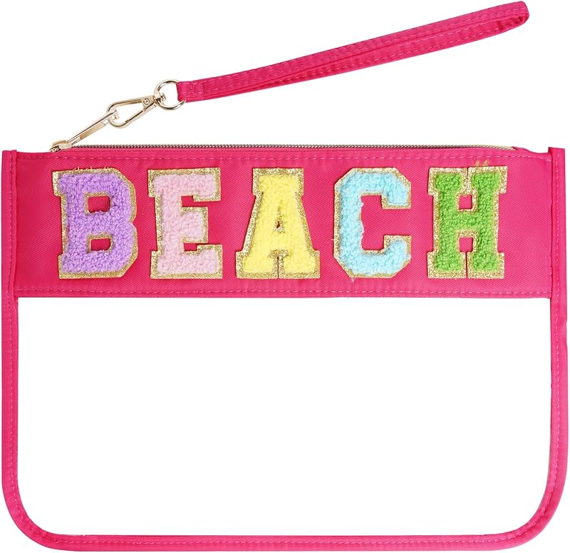 Hmxpls Necessaire transparente de nylon e PVC com zíper e alça removível, modelo Red-beach, Vermelho-Beach