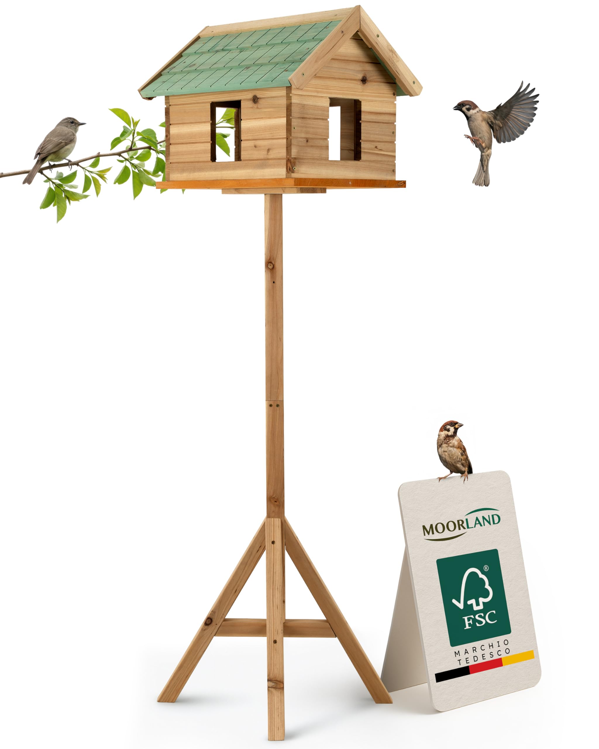 Moorland Casa per Uccelli con Finestre e Supporto in Legno di Abete FSC® | 135cm mangimatoia chiusa tetto verde in tegole casetta per tutto l'anno Esterno mangiatoia giardino VH2