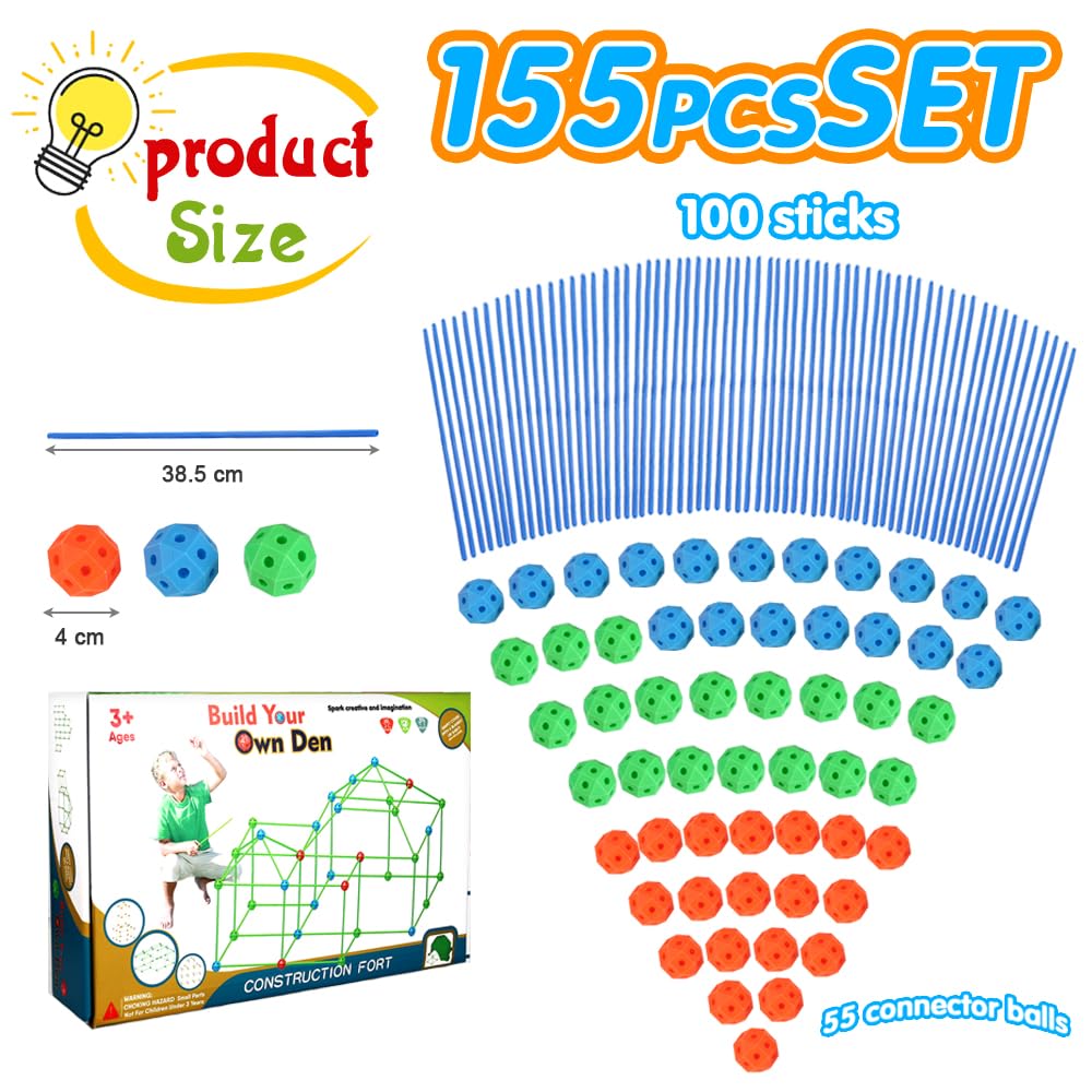 Kit de construcción de fortalezas para niños, 155 piezas de juguetes STEM de construcción para interiores y exteriores para niños y niñas de 3, 4, 5, 6, 7, 8 años, lo último, para construir fortalezas 7