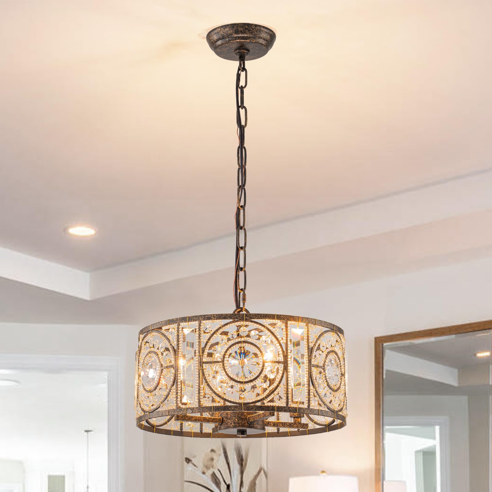 Bronze Vintage Crystal Chandeliers for Dining Room 14.17" Drum Pendant Lights, Dining Room Light Fixtures Over Table, Hanging Chandelier for High Ceiling Kitchen Island Living Room Foyer