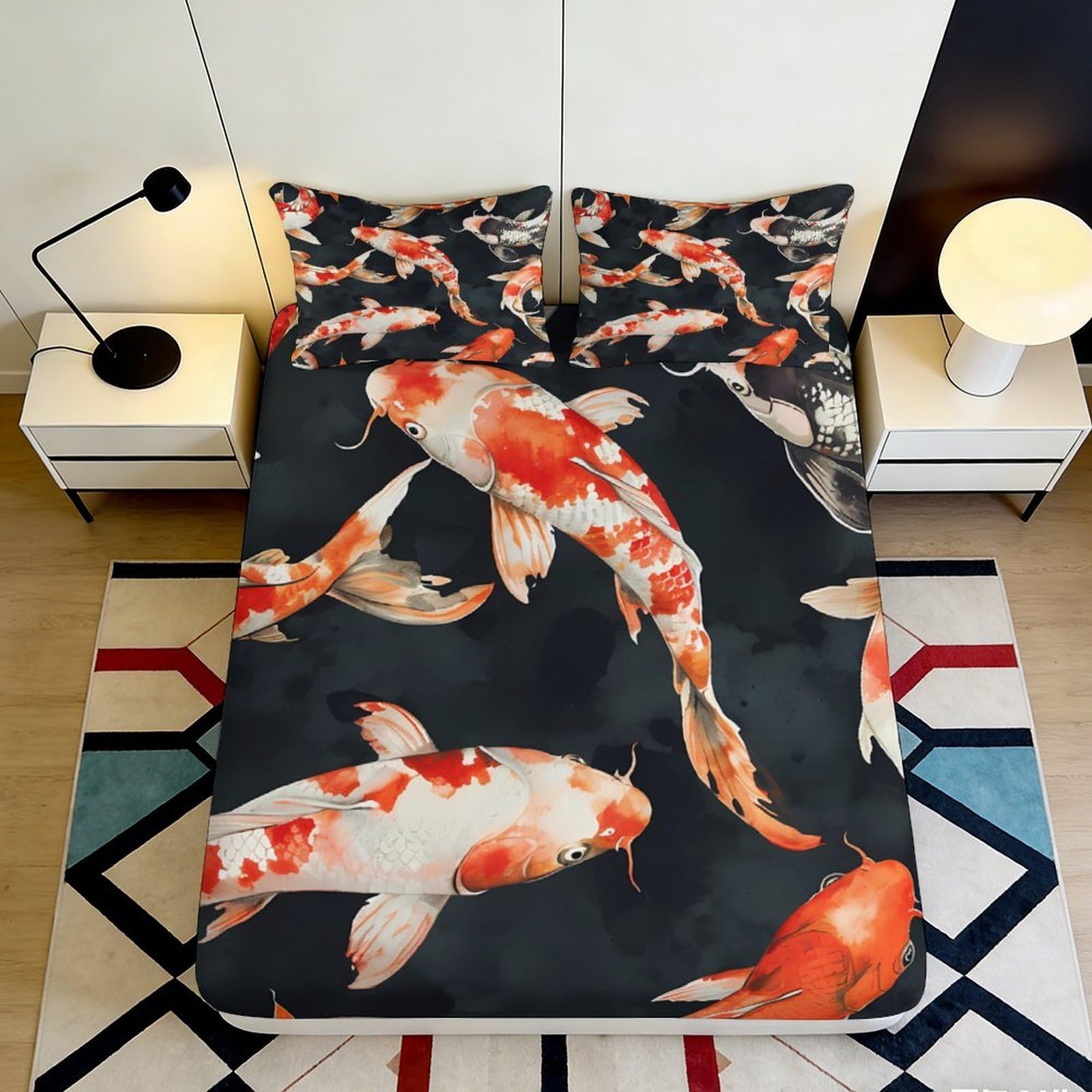 Pnayamiorkfel Style-1 3D Printed Koi Fish Fitted Sheet Microfiber Soft Breathable Watercolor Pond Bed Cover For Bedroom Guest Room Decor 90X200x25cm