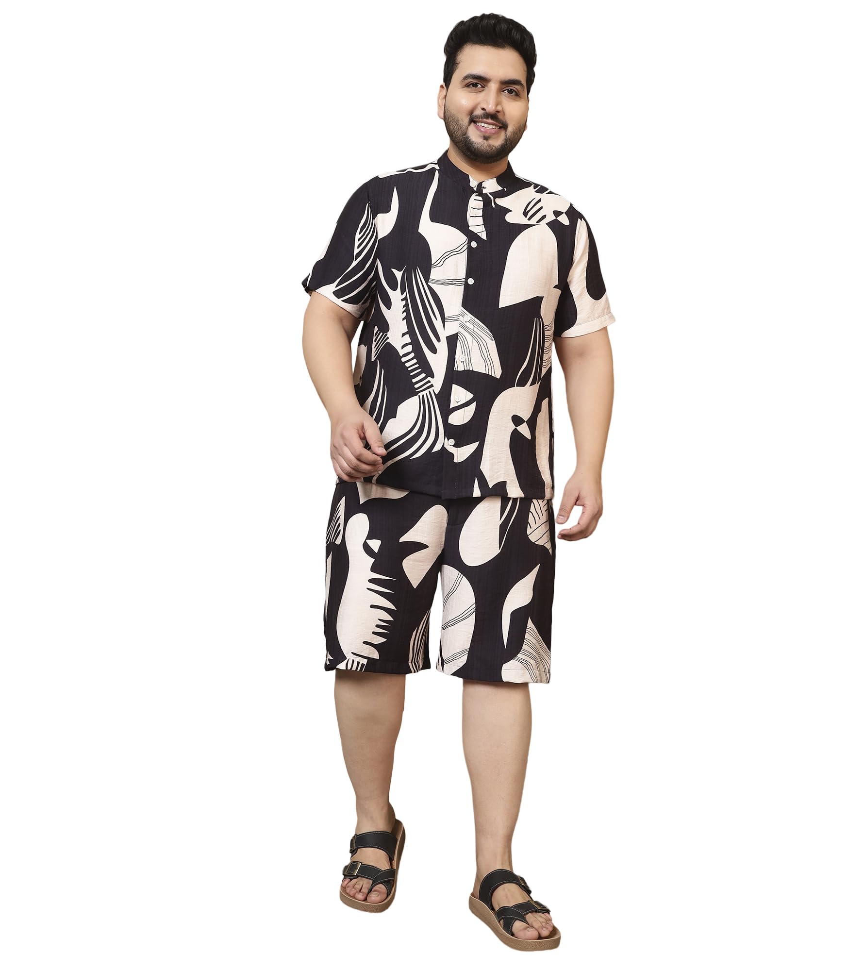 Men's Plus Size Abstract Print Nylon Shirt with Knee Length Shorts Combo Cord Set|Half Pant|Shirt Dress|Mandarin Collar|Half Sleeve|Co ords for Men Fashion|Party Casual Wear|Two Piece(Black)-image-15