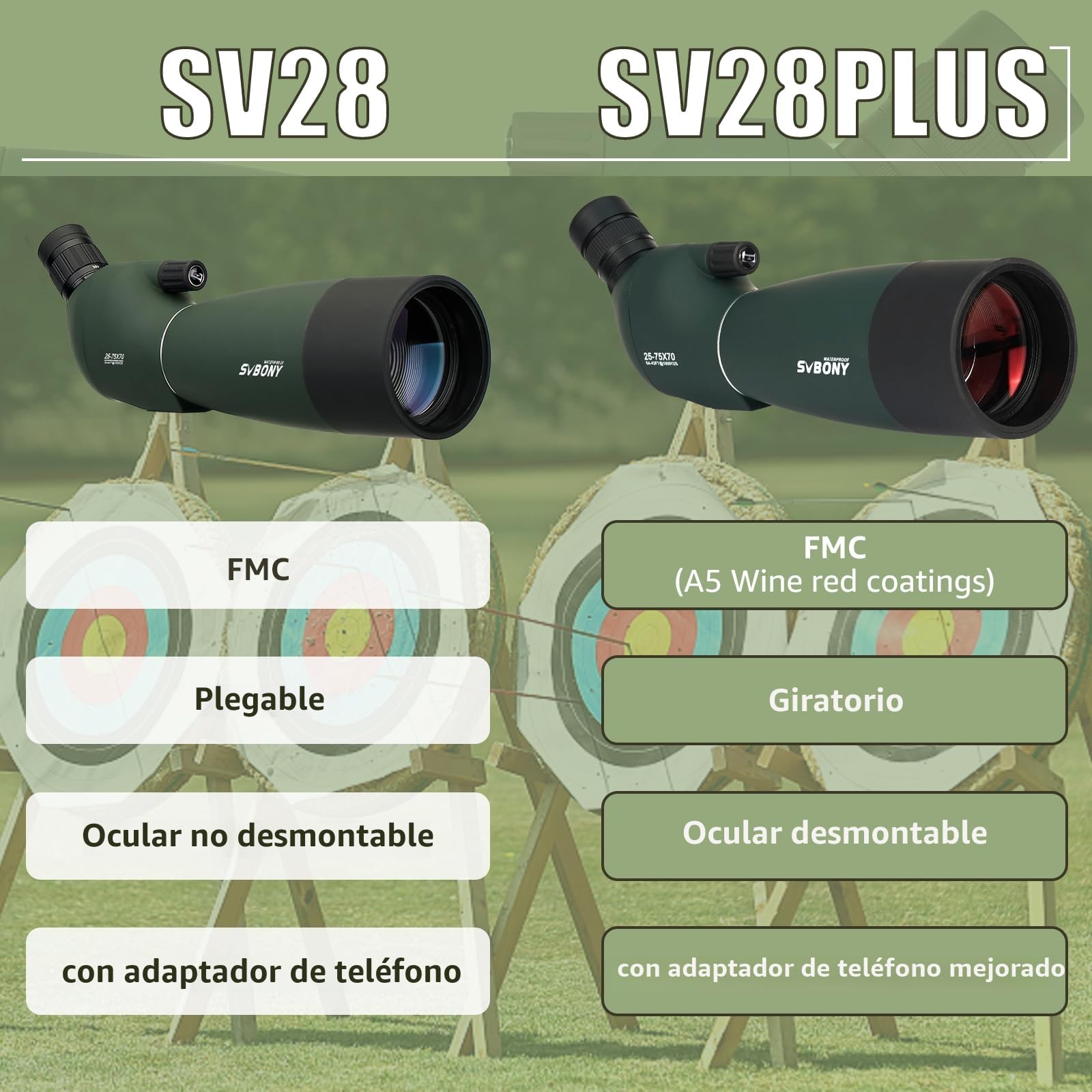 Svbony SV28PLUS Telescopio 25-75x70mm BAK4 FMC Rojo Vino con Adaptador de Teléfono