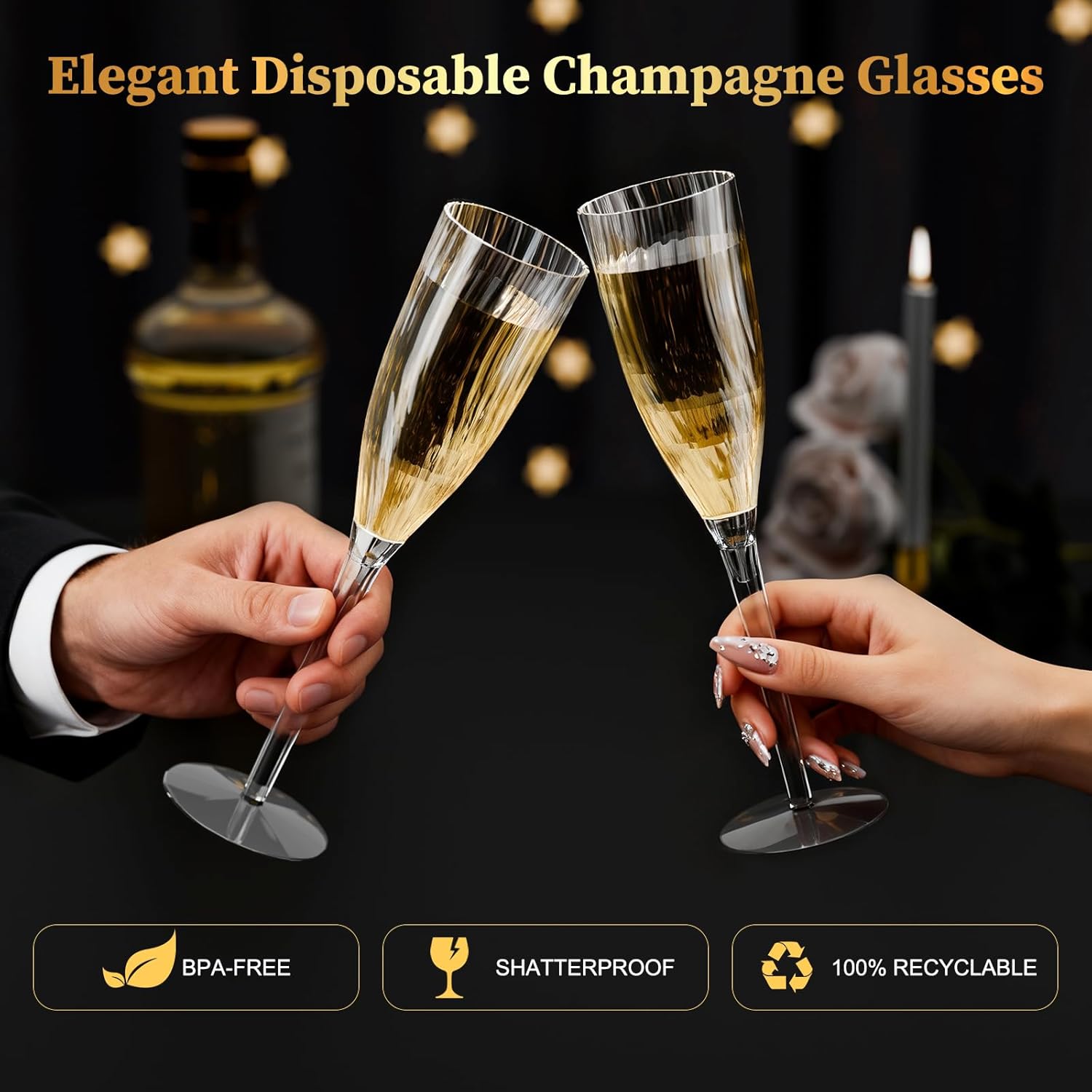 GuanQiao 16 Pack Clear Champagne Flutes, 6oz Disposable Wine Glasses with Long Stem, Reusable Plastic Cocktail Glasses for New Years Eve Party Birthday Wedding Celebration Toasting Drinking - Image 3