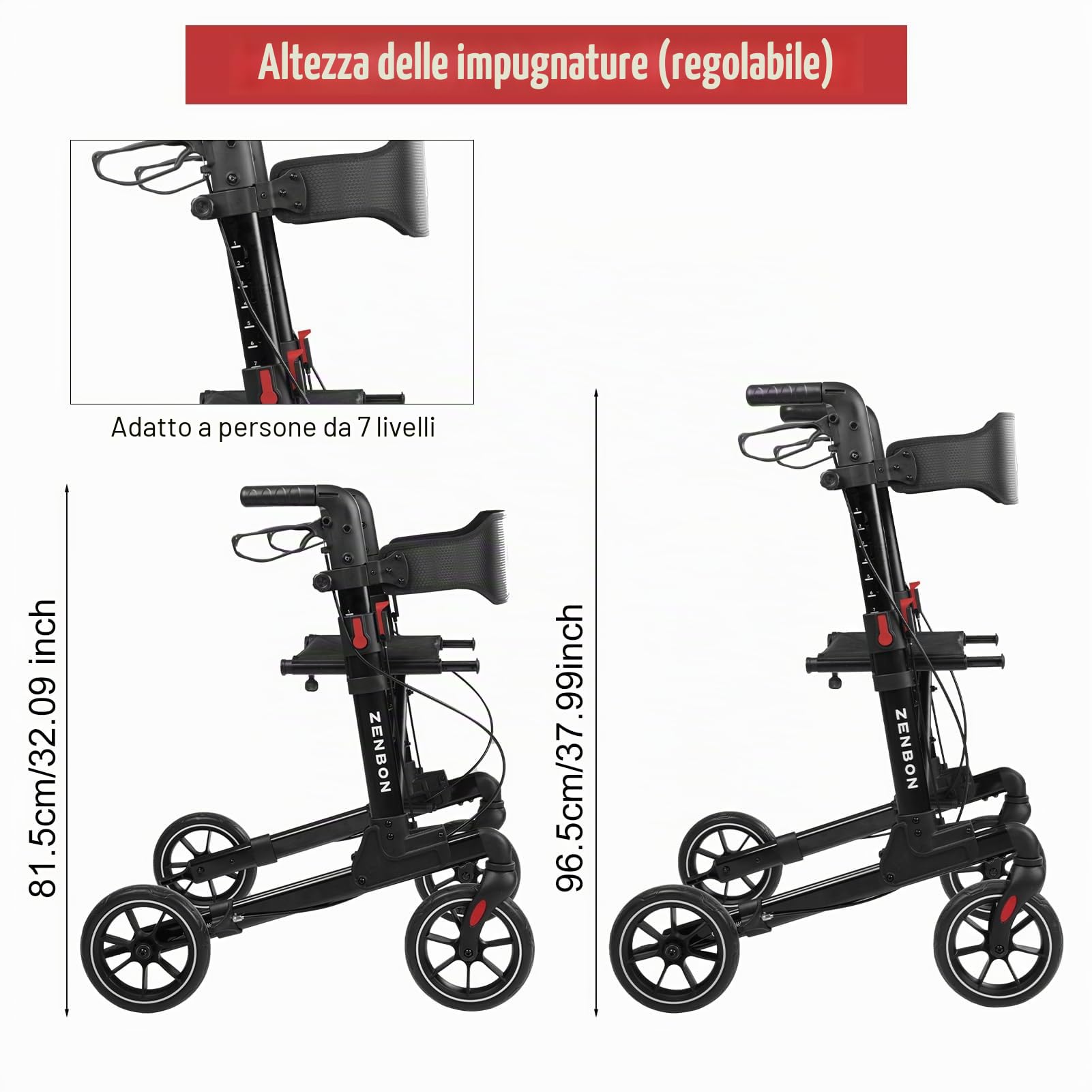 Deambulatore per Anziani in Alluminio: Rollator Pieghevole e Leggero con Seduta - Rollator da Interno 4 Ruote Leggero e Pieghevole Speciale con Schienale e porta Bastone da Passeggio (Nero)