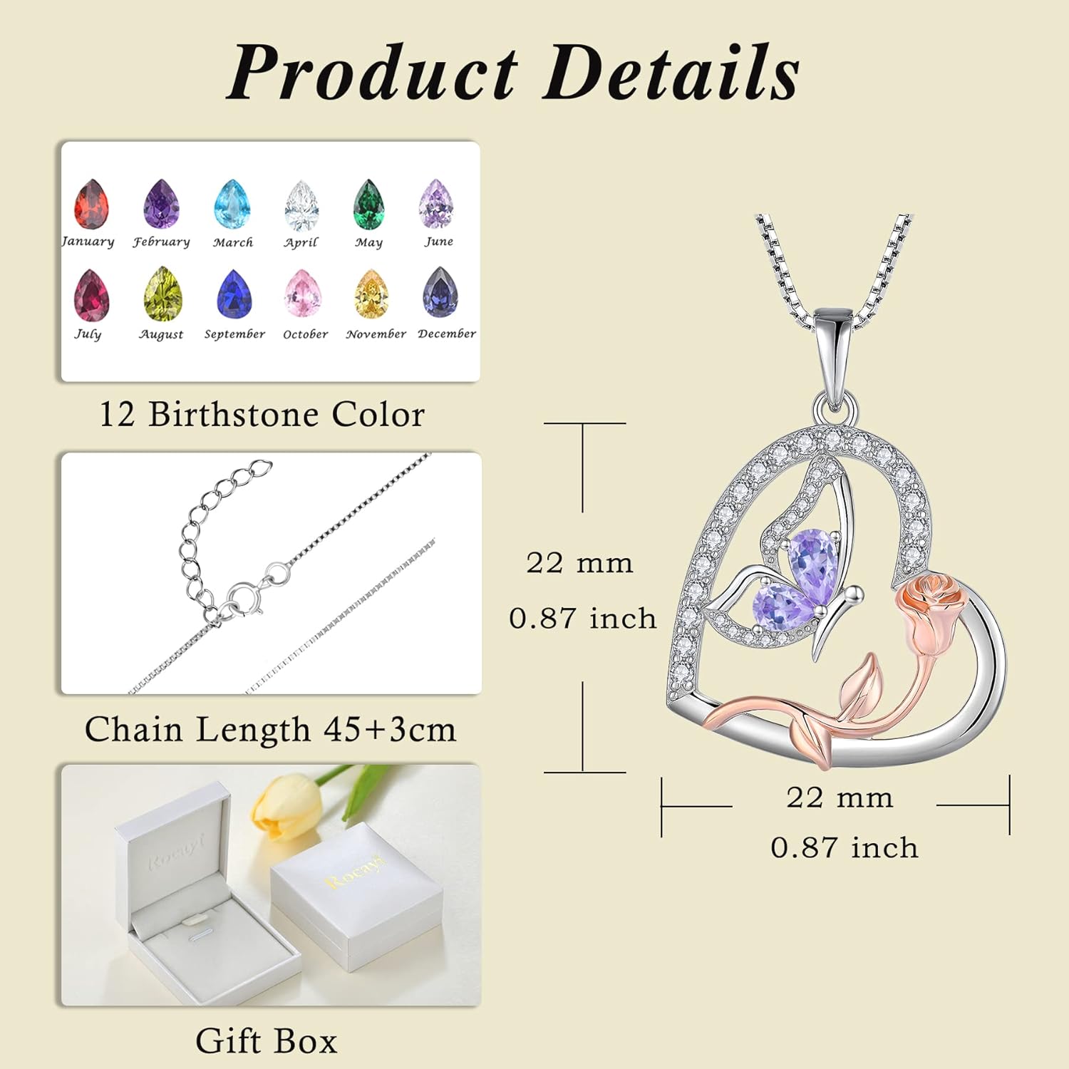 Love Heart Butterfly Necklace for Women 925 Sterling Silver Birthstone Pendant Rose Flower Dainty Jewelry Gifts for Women Wife Girlfriend Mother Daughter Her - Image 6