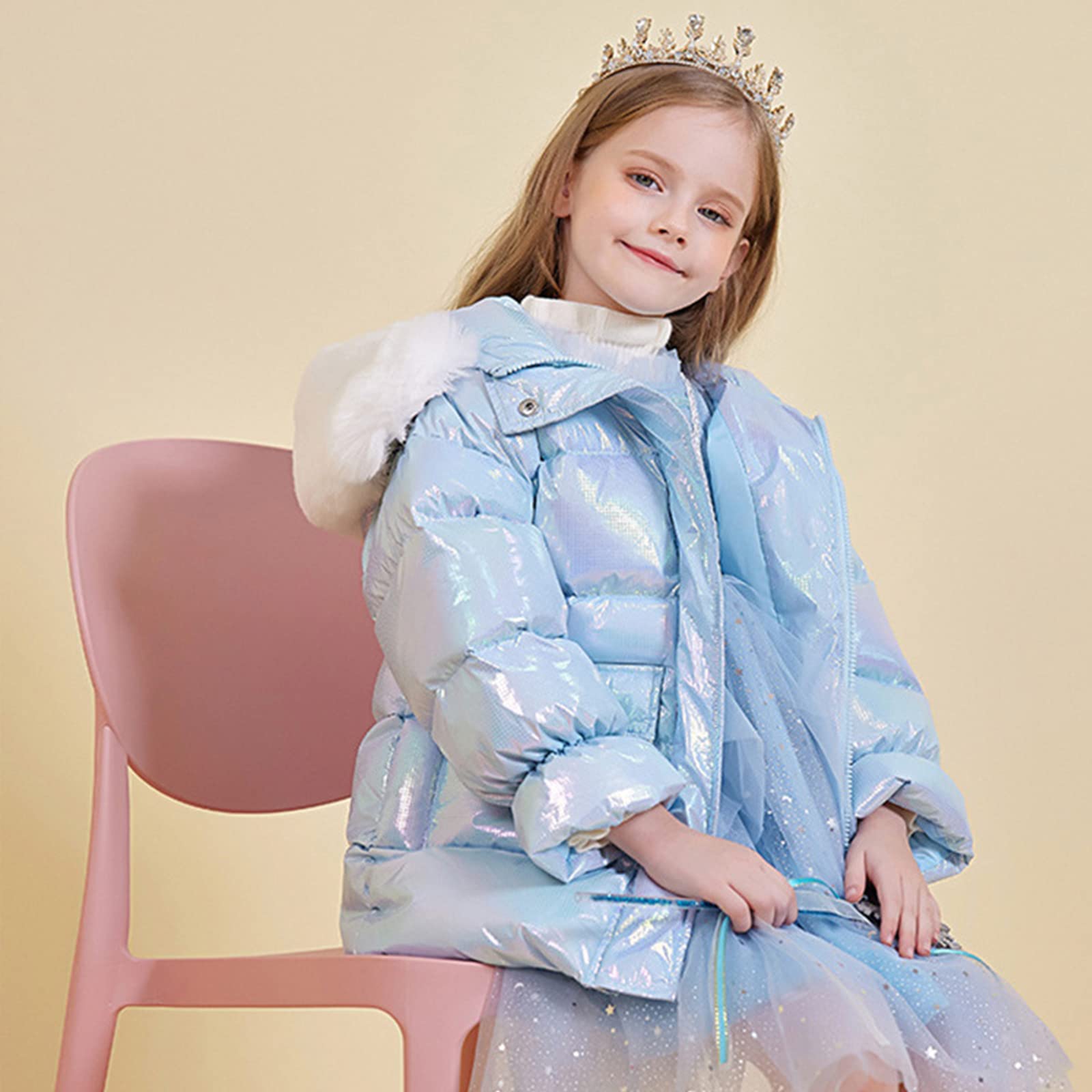 Piumino Invernale Dolce Ragazza di Media Lunghezza 90 Soffice Piumino D'Anatra Bianca Abbagliante Giacca Calda per Bambini Cappotto Colorato Cappuccio Luminoso,Blue,6T(120CM)