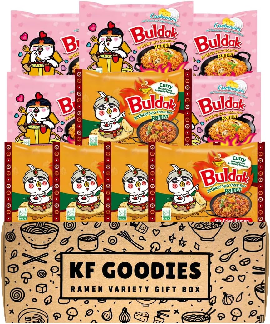 KF GOODIES Korean Ramen Variety Pack Gift Box (10 Count) – Spicy Buldak Noodle Assortment for Birthdays, College Care Packages, Office Snacks, and Gift Baskets