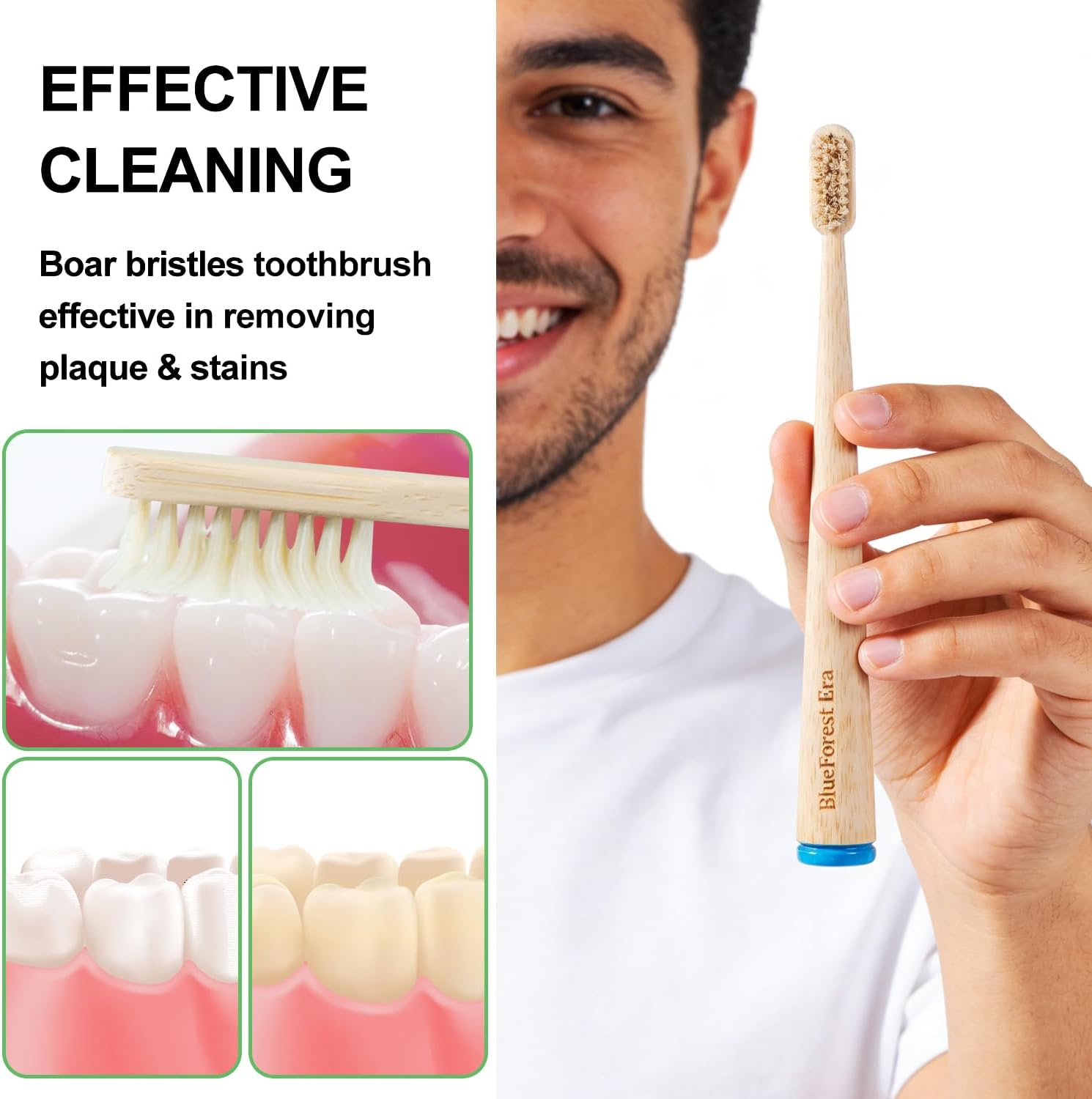 4 Pack Boar Bristle Bamboo Toothbrush, Premium Natural Toothbrushes for Adult, Plastic & Nylon Free, Biodegradable Organic Wooden Tooth Brushes