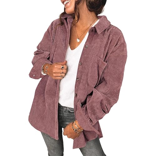 Saslax Womens Corduroy Shirt Long Sleeve Oversized Button Up V Neck Blouses Tops Loose Shacket Jacket