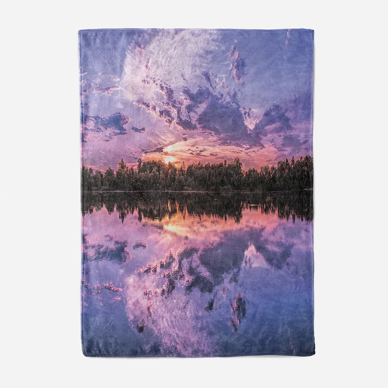 Daesar Natale Coperta Pile Fantasia, Coperte Flanella Singolo/Matrimoniale Divano/Letto Viola Chiaro Arancione Motivo Alberi e Lago Coperta Calda e Morbida, 150x200cm