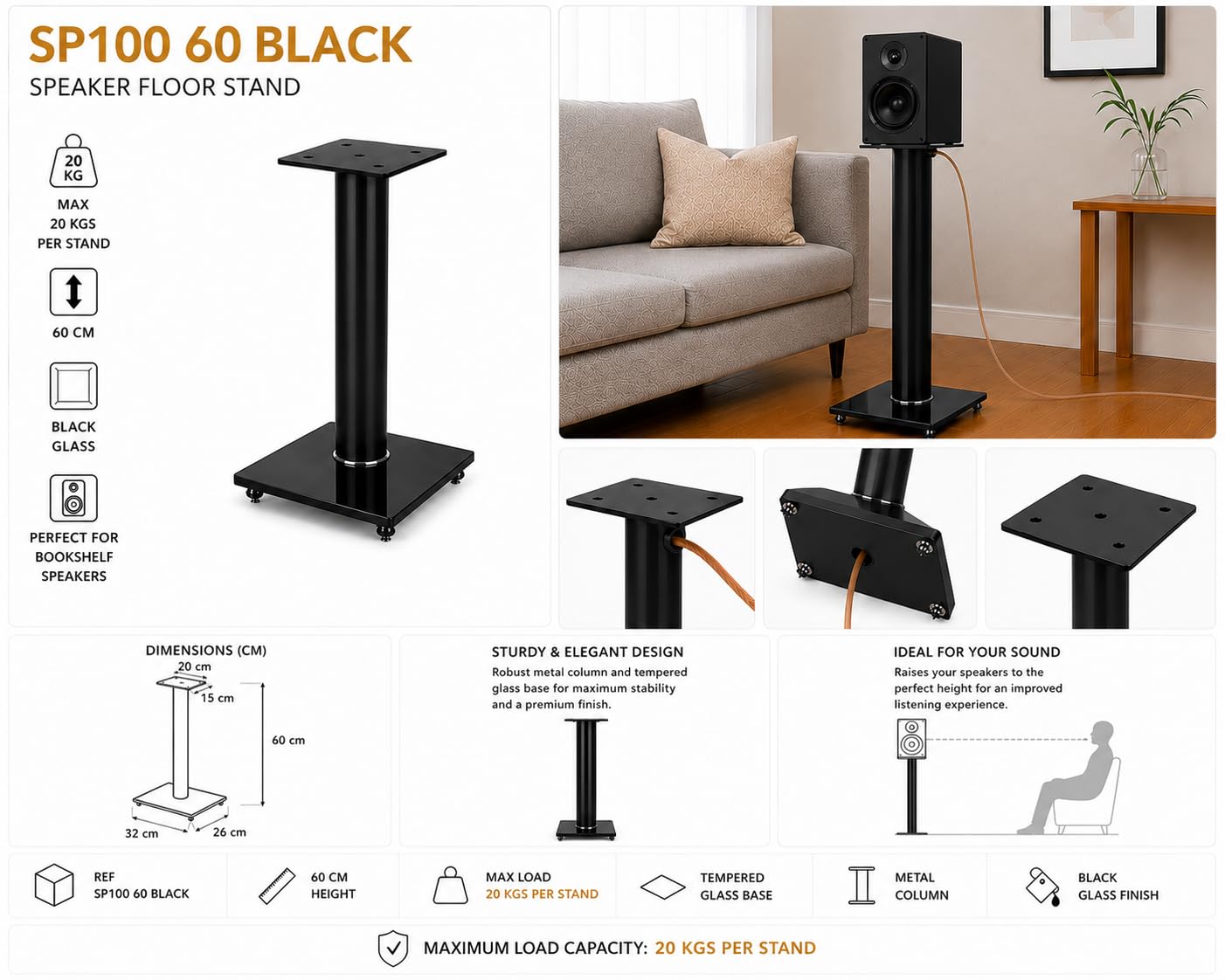 RO&CO Sonorous SP100-60 Nero – Supporti da Pavimento per Diffusori 60 cm (Coppia) | Alluminio e Vetro Temperato | Fino a 20 kg per Supporto | Gestione Cavi Integrata.