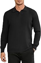 Hardaddy Men's Ribbed Knit Sweater Casual Long Sleeve Polo Sweater Collared V Neck Polo Shirts Solid Pullover Tops