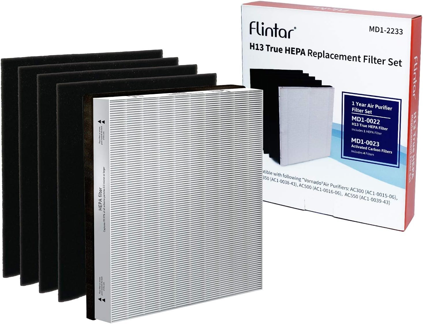 Flintar Replacement Filter Combo Pack, Compatible with Vornado Air Purifier, (1) H13 Grade Filtration MD1-0022 + (4) Activated Carbon Pre-Filter MD1-0023, 1-Year Set