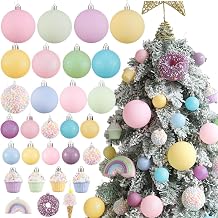 Pastel Christmas Tree Ornaments 46PCS Pink Yellow Blue Rainbow Shatterproof Xmas Hanging Ornaments for Tree Home Holiday Candyland Party Centerpiece Wreath Garland Decor