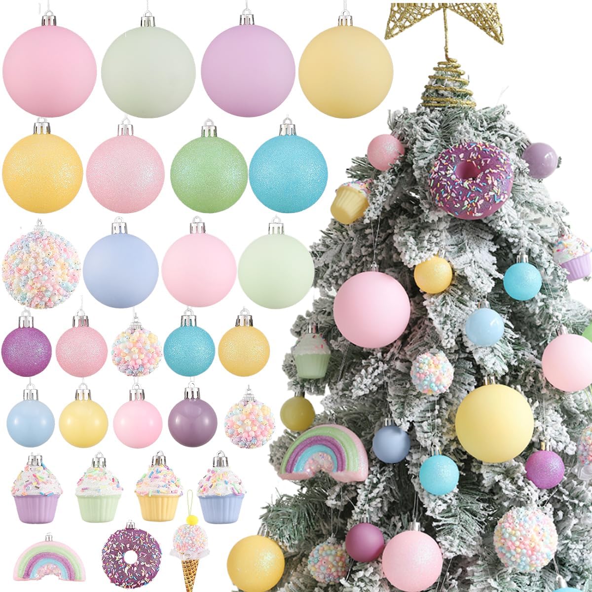 GIHOO Pastel Christmas Tree Ornaments, 46-Piece Set, Pink Yellow Blue Rainbow, Shatterproof Plastic, Model PH-SD