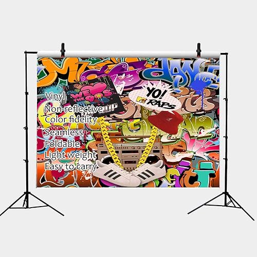 Miniatura 3 de Qian Fondos de fotografía con tema de graffiti de hip hop de 7 x 5 pies, decoración de fiesta de los años 80 y 90, accesorios de estudio
