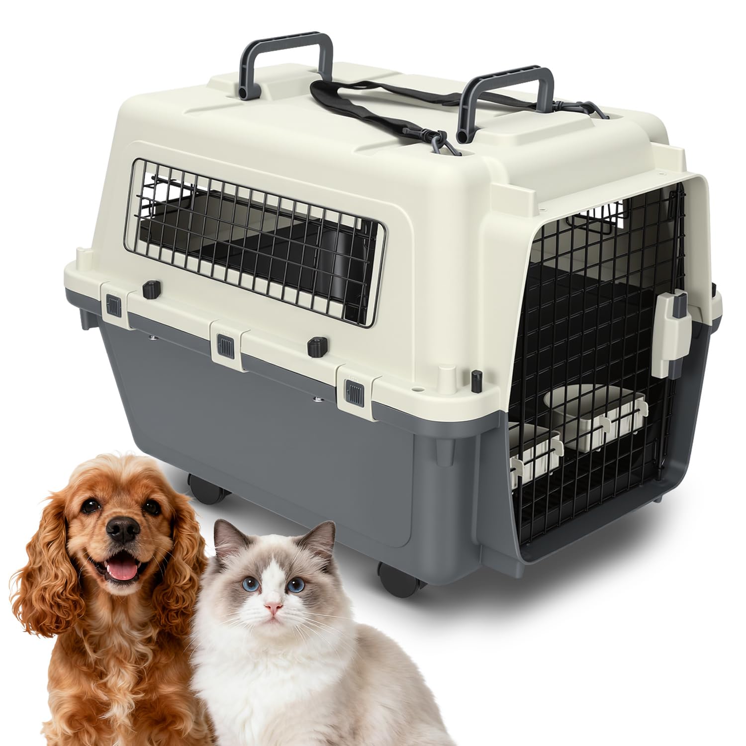 Hundetransportbox bis 17,5 kg mit Rädern, 67,3x54,9x51,5 cm, Flugzeugtaugliche Pet Transportbox für Hunde & Katzen, Inkl. Urinablauf, 2 Näpfe & Leine