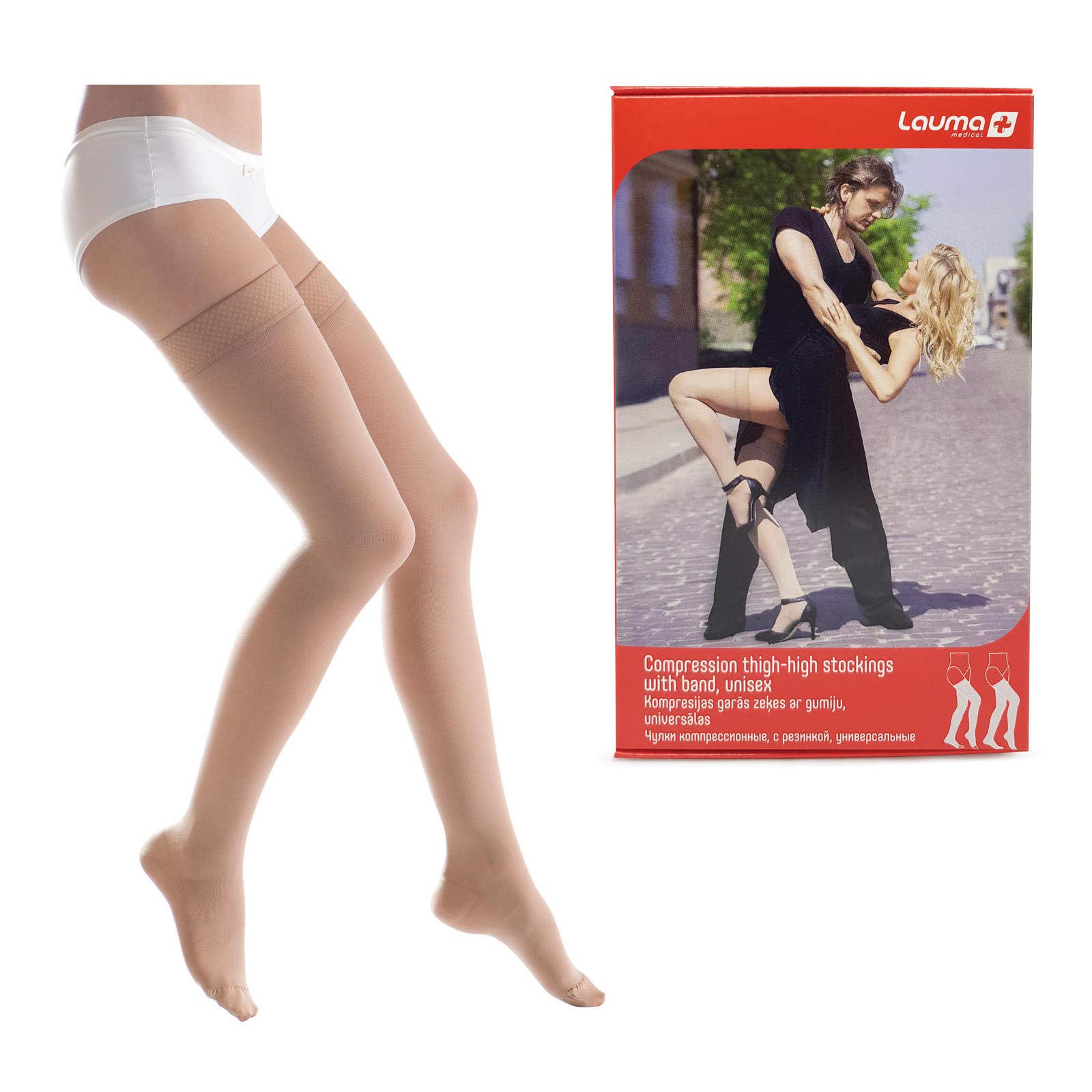 Lauma Medical Beige Medical Compression Thigh-High Stockings Closed Toe With Silicone Band – Varicose Veins, Edema & Tired Legs Relief