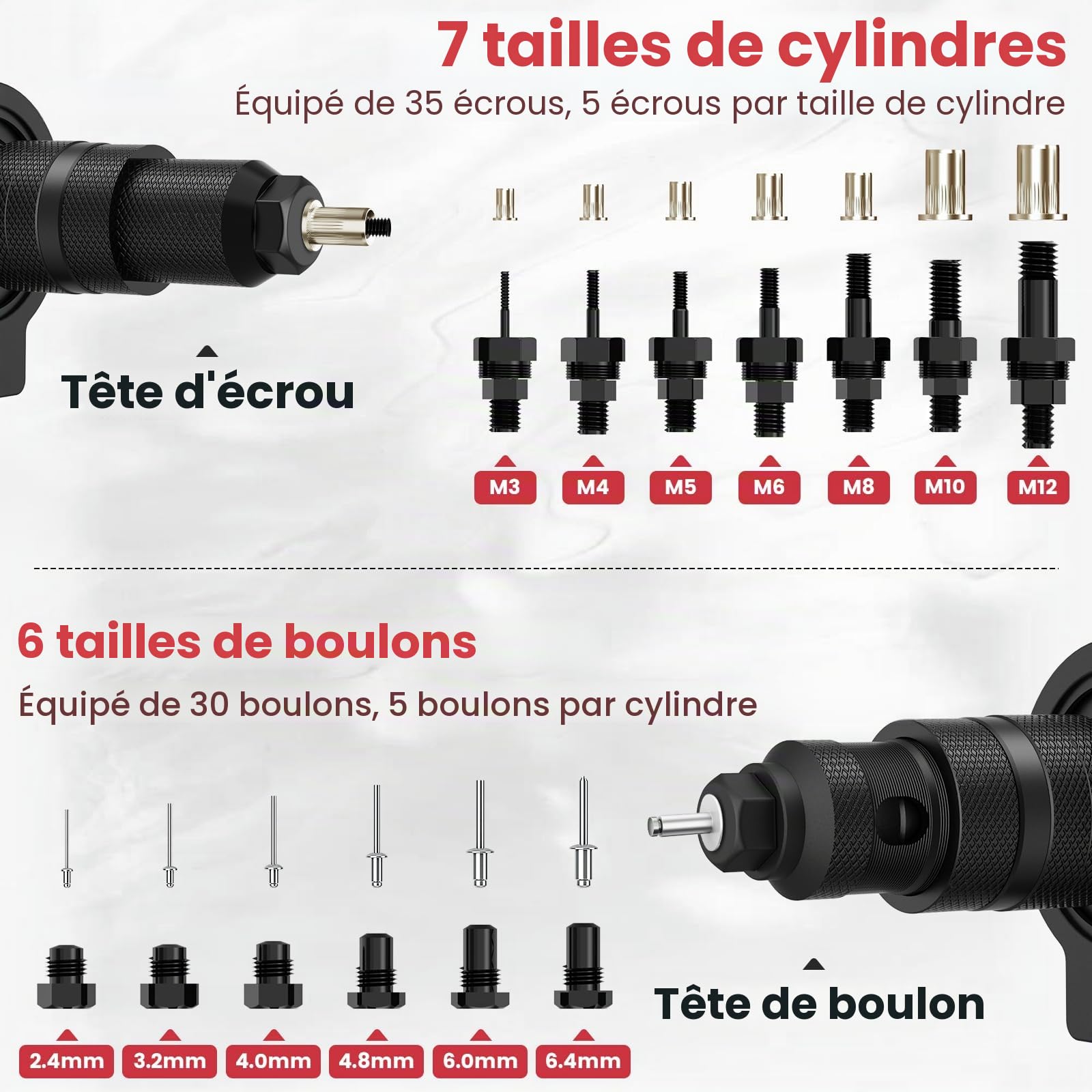 Beaspire Écrou à Rivets 2 en 1 pour Visseuse Sans fil et Perceuse, Kit Adaptateur de Pince a Rivet Pop en Pince a Insert Fileté pour Rivets Aveugles (2,4-6,4 mm) et Écrous à Rivet (M3-M12)