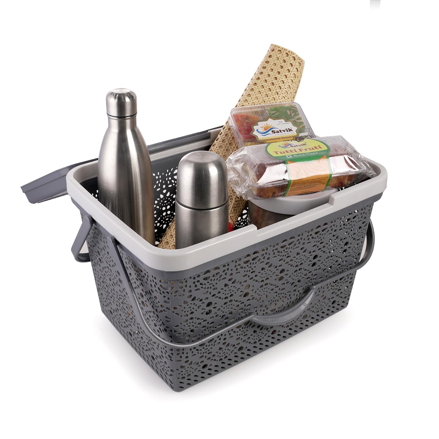 Nayasa Flower Picnic Basket | Plastic Multipurpose Basket With Lid | Rectangle Storage Basket | Sleek & Durable Organizer Basket With Lid | Ideal For Outdoors | Strong & Sturdy Handle | Grey-image-17