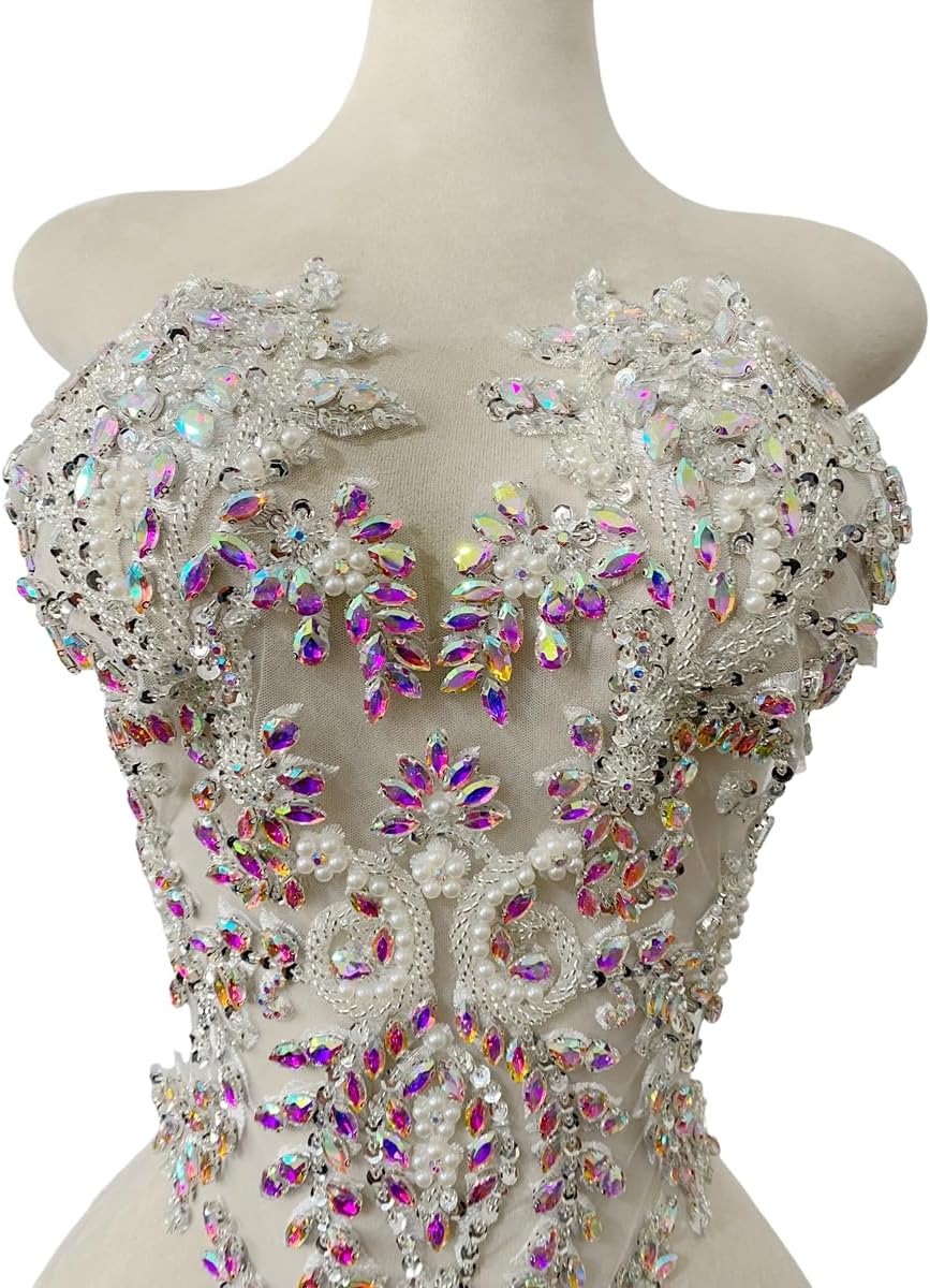 Handmade Rhinestones Lace Bodice Applique Sew on Beads Sequins Trimming Patches for Dress Clothing Accessories 1Pcs/Bag (Clear AB)