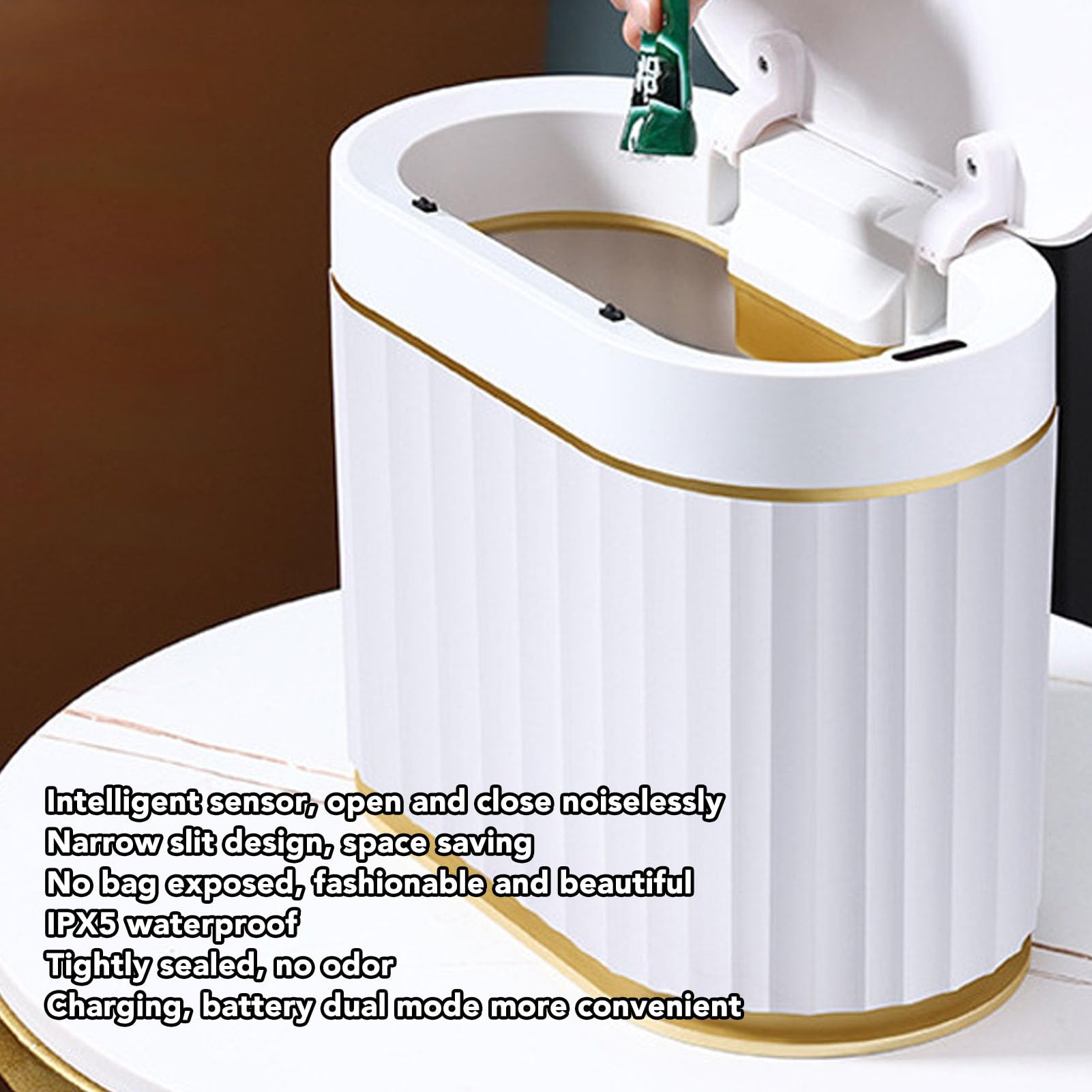 Pattumiera Intelligente A Induzione Sottile - Cestino Automatico Con Sensore, Impermeabile IPX5, Per Cucina, Bagno, Ufficio, 26x20x14 Cm, Bianco - 4